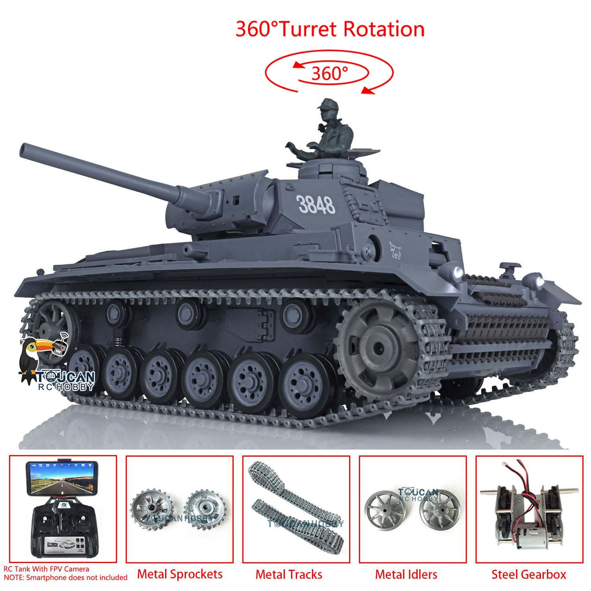 Henglong 1/16 TK7.0 Promotion German Panzer III L RTR RC Tank 3848 FPV 360 Degrees Turret IR BB Smoke Metal Barrel Idlers Sprockets Wheels Tracks Gearbox