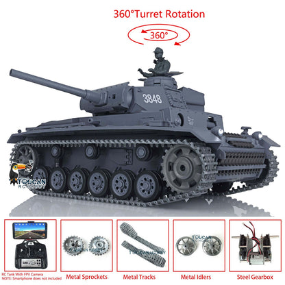 Henglong 1/16 TK7.0 Promotion German Panzer III L RTR RC Tank 3848 FPV 360 Degrees Turret IR BB Smoke Metal Barrel Idlers Sprockets Wheels Tracks Gearbox