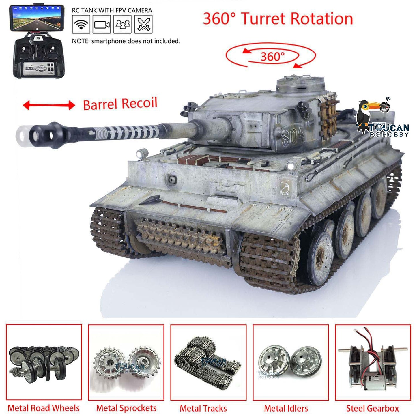 Henglong 1/16 TK7.0 3818 Tiger I RTR RC Tank FPV 360 Degrees Turret Barrel Recoil Smoke Metal Tracks Sprockets Idlers Road Wheels Hand Spray Painting Color
