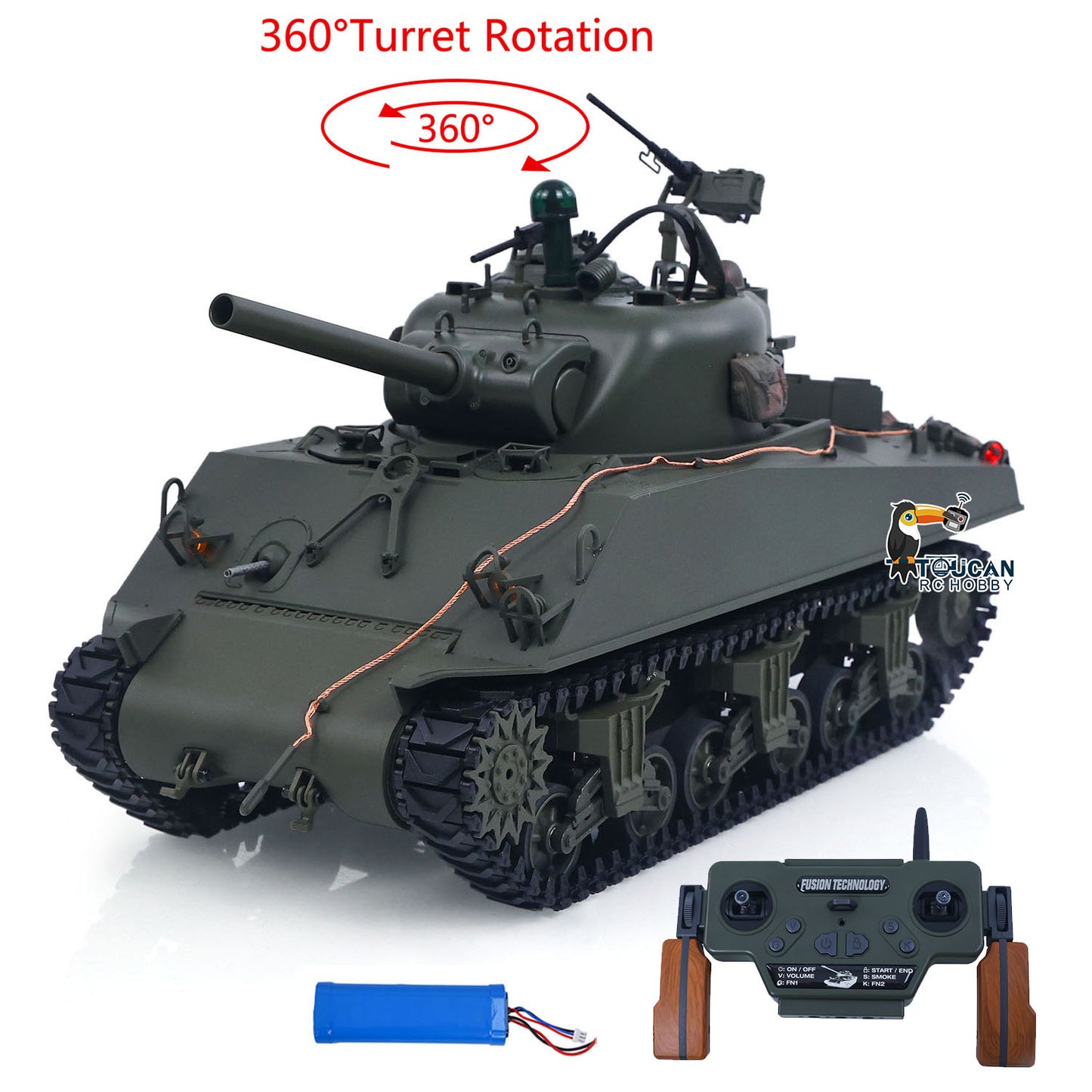 1/16 Remote Control Tank Sherman M4A3 Infrared System Barrel Elevation Smoke Unit 360 Rotation Metal Chassis Tracks Road Wheels