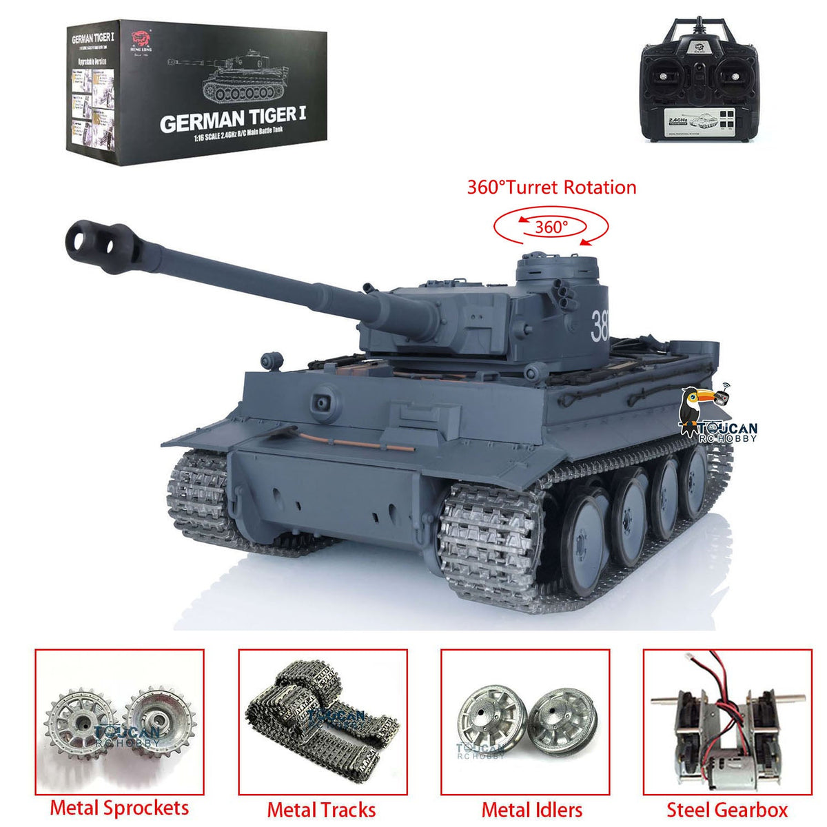 Henglong 1/16 TK7.0 German Tiger I RTR RC Tank 3818 with 360 Degrees Turret Infrared Combat Smoke BB Unit Metal Tracks Sprockets