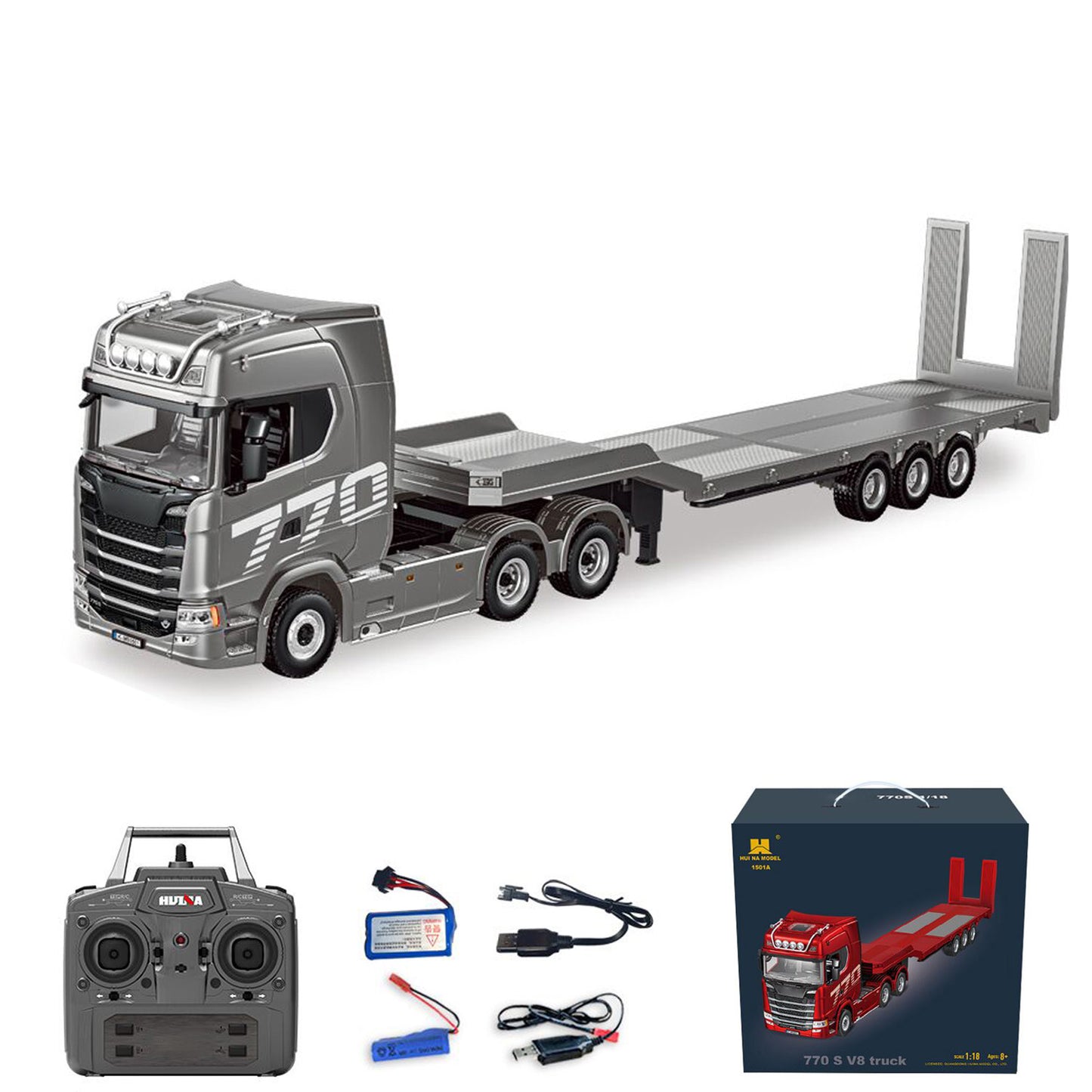 1/18 RC Tractor Truck Remote Control Truck 770S 3 Axle Plastic Semi Trailer Flatbed Finished Model RTR Battery Light Sound Effects