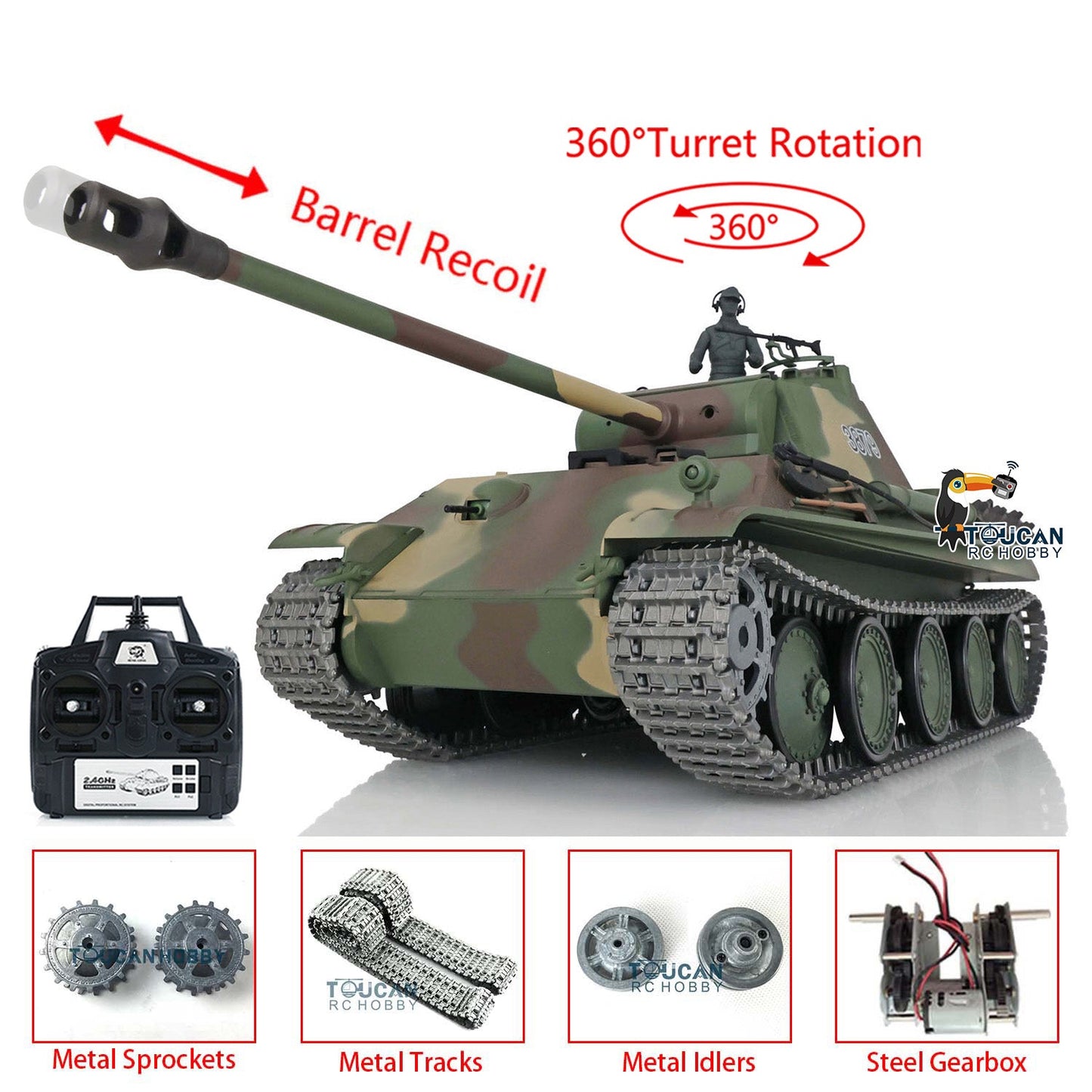 Henglong 1/16 TK7.0 Promotion German Panther G RTR RC Tank 3879 360 Degrees Turret BB IR Barrel Recoil Smoke FPV Metal Tracks Sprockets Wheels