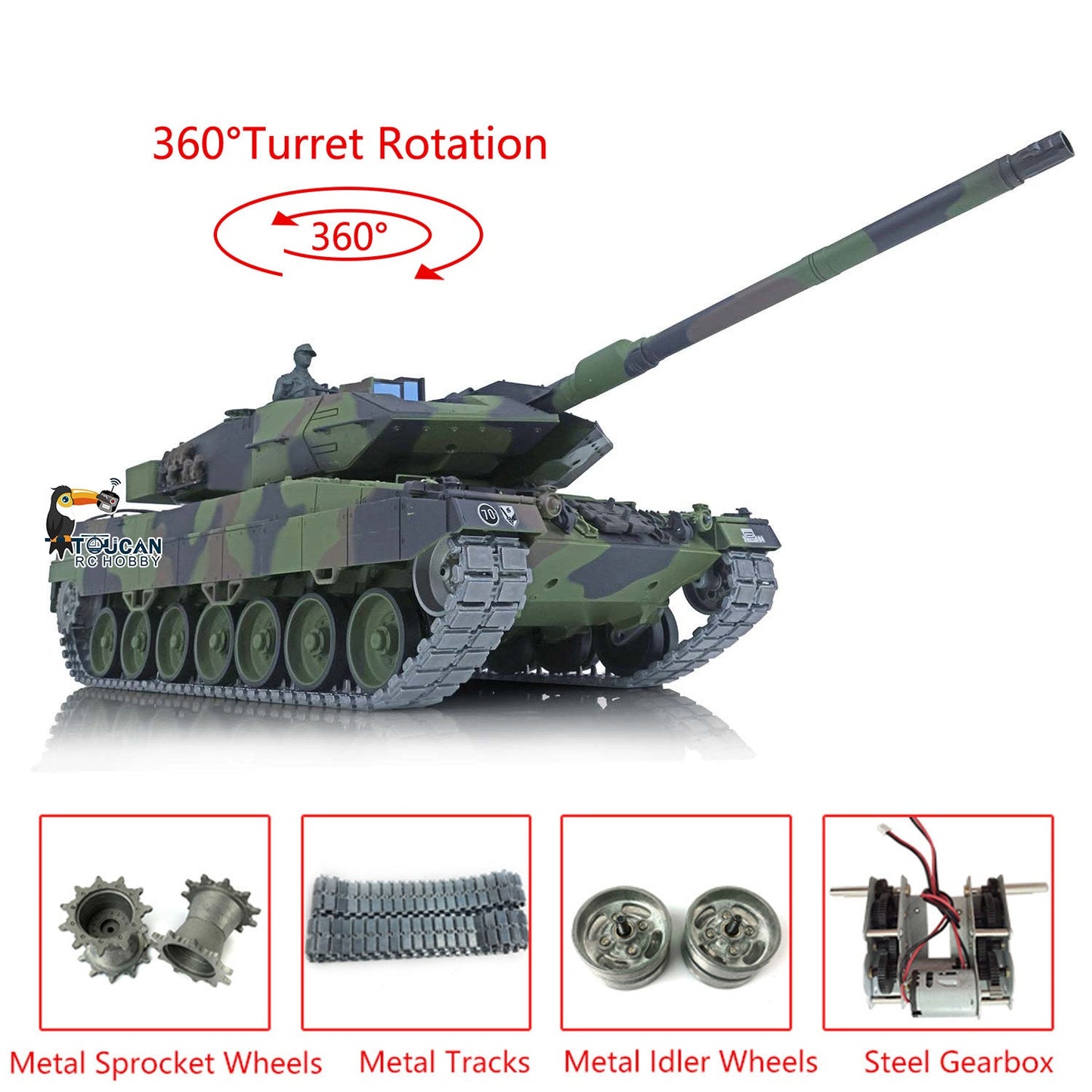 Henglong 1/16 TK7.0 Leopard2A6 RTR RC Tank 3889 with 360 Degrees Turret BB Infrared Combat Smoke Metal Tracks Sprockets Idlers Wheels