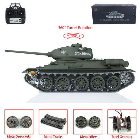 Henglong 1/16 TK7.0 Sowjetischer T34-85 I RC RTR BB IR Panzer 3909 mit 360°-Turm FPV Metallketten Kettenräder Leiträder Rauch Sound