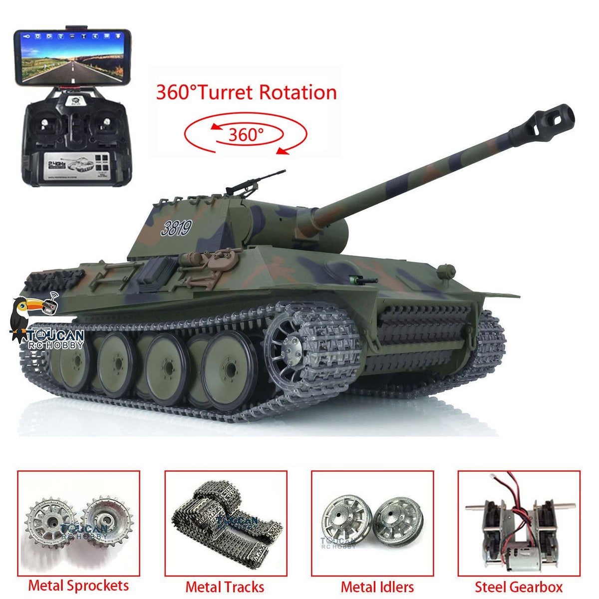 Henglong 1/16 TK7.0 Promotion 3819 German Panther V RTR RC Tank IR BB 360 Degrees Turret Smoke Metal Tracks Sprockets Idlers Wheels Gearbox