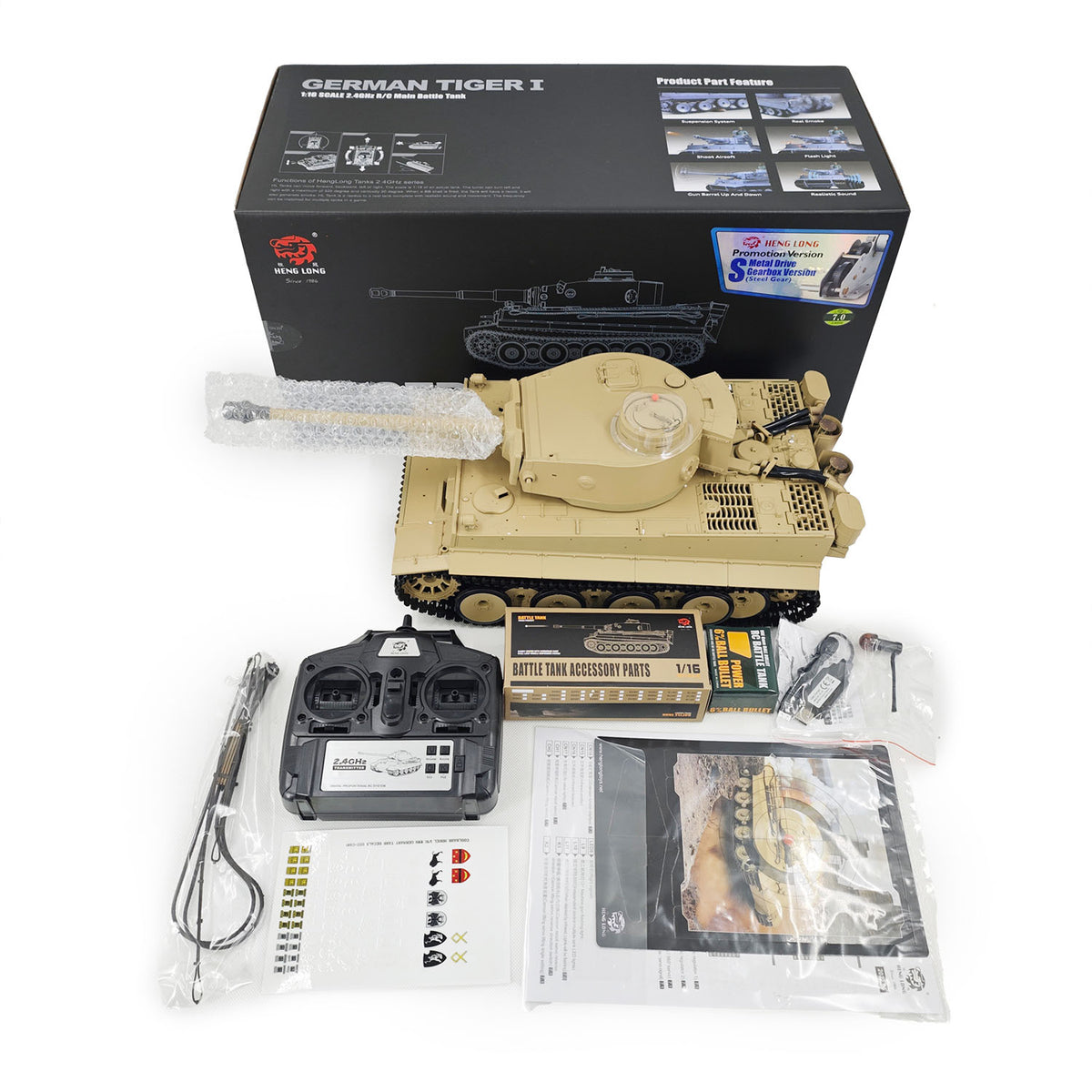 2.4Ghz Henglong 1/16 7.0 Plastic German Tiger I 3818 RTR RC Tank BB IR Barrel Recoil Metal Suspension Arm Gearbox Smoke Special Spray Painting