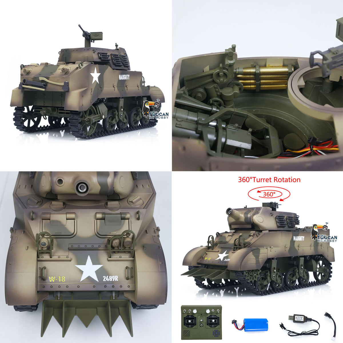 CoolBank 1/16 Radio Control Tank M8 HMC Scott Light Self-Propelled Howitzer RC Model 360degree Turret Rotary Smoke Sounds Lights RTR