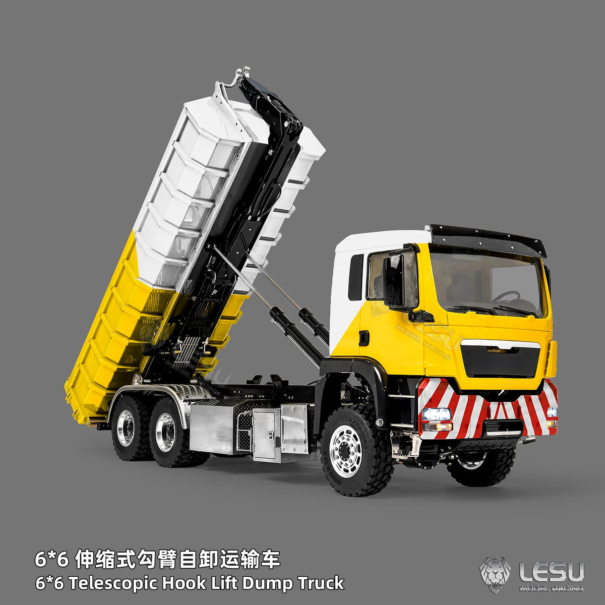 TOUCAN RC HOBBY LESU Z0094 1/14 Metal 6x6 RC Hydraulic Roll on off Dump Truck Telescopic Hooklift Transport Vehicle with 3Speed Transmission 5CH Valve Light Sound