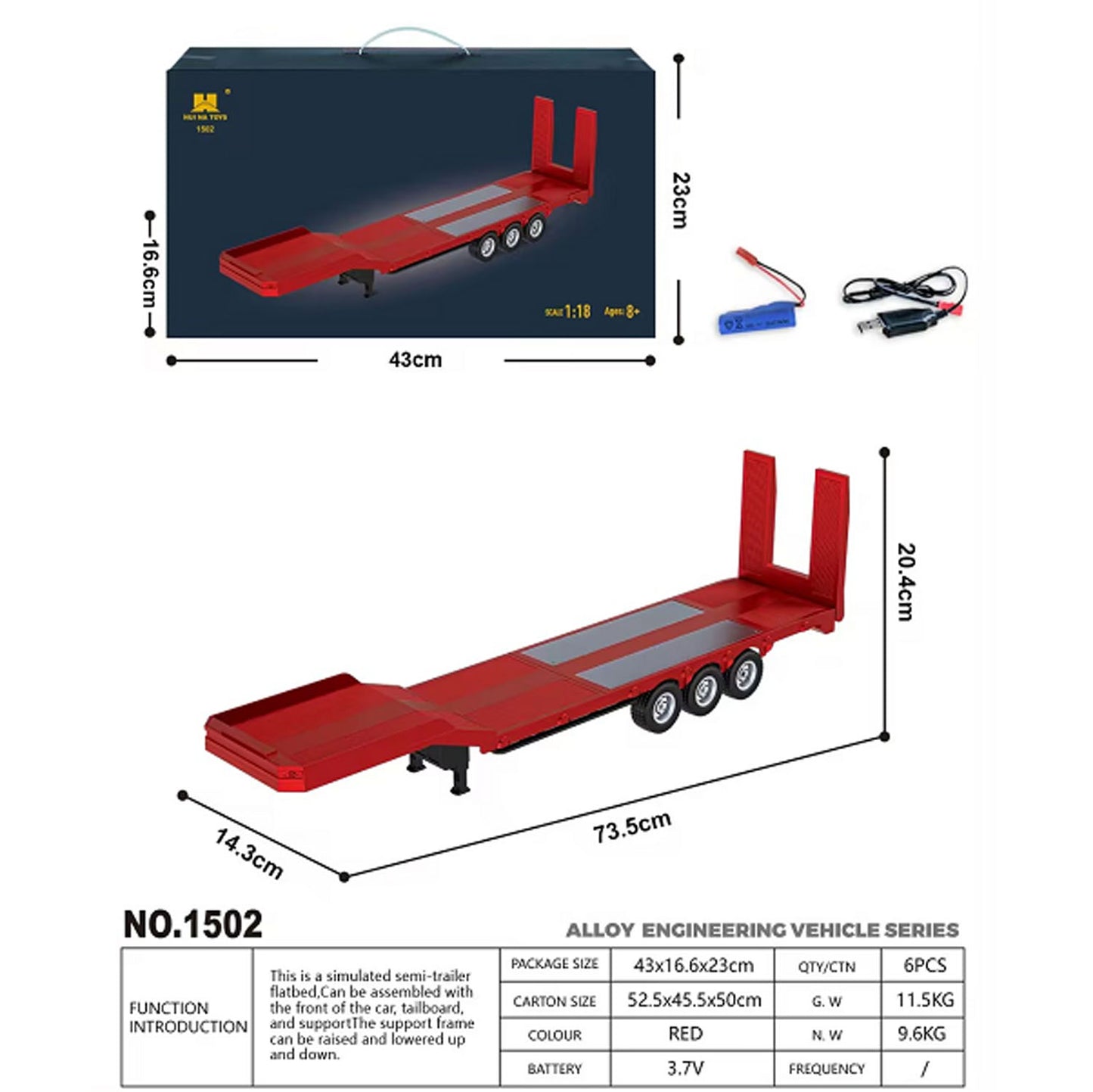 Fast  Free Shipping 3 Axle Plastic Semi Trailer Flatbed 1502 for 1/18 Remote Control Tractor Truck HUINA 1501 RC Car Model Upgrade Parts