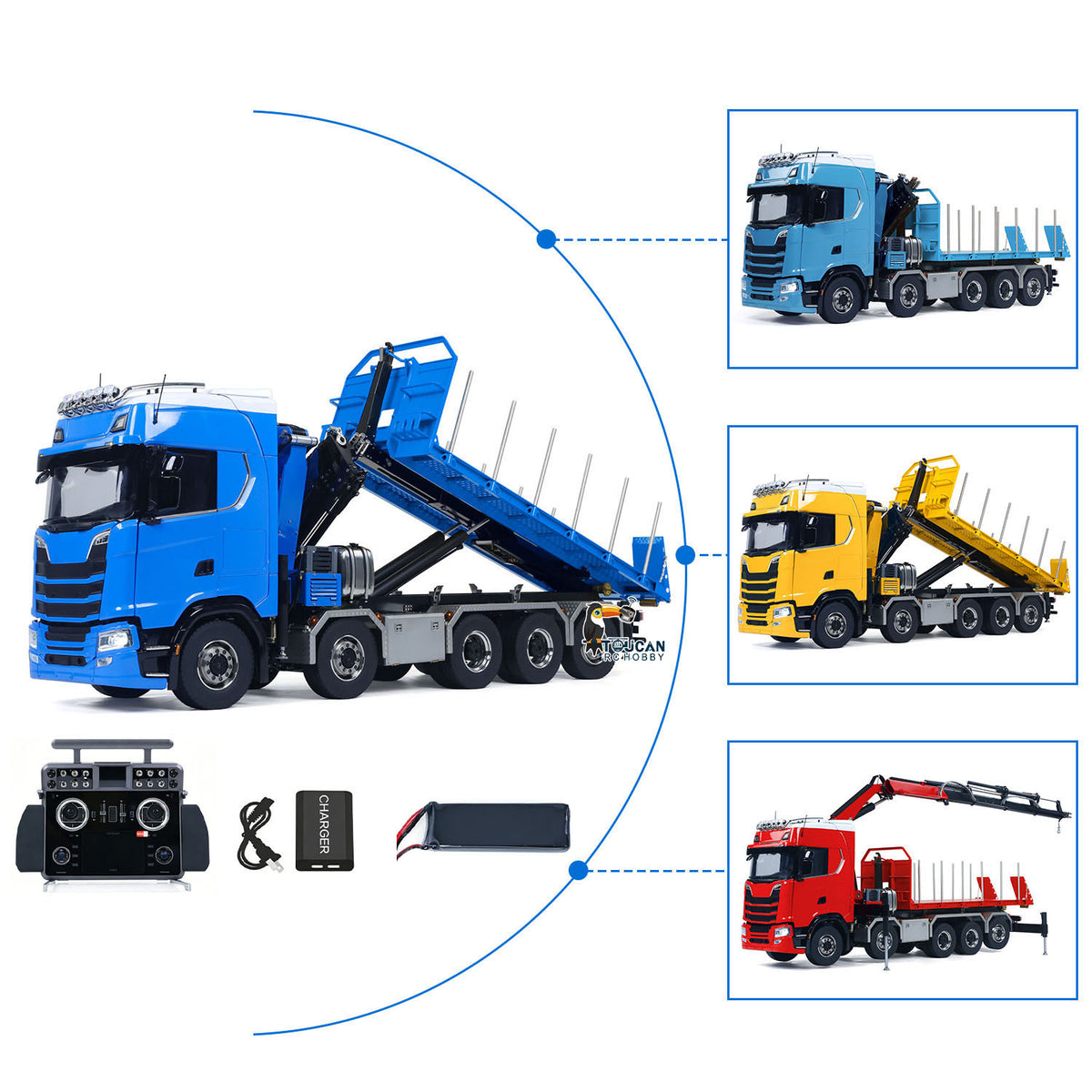 770S 1/14 Maßstab Hydraulischer RC Pritschenwagen Holz 5-Achsen Funksteuerung Kran Muldenkipper Licht Sound