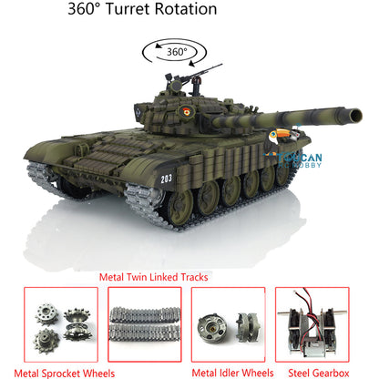 1:16 TK7.0 Verbesserter funkgesteuerter Henglong-Panzer T72, fahrbereit, 360°-Drehung, Metallketten mit gepaarten Gestängen, Rauchgeräusch