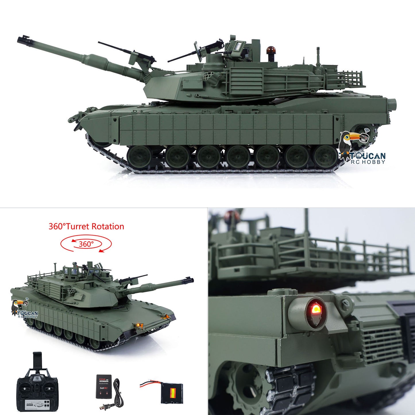 In Stock TUSK I TOUCAN 1:16 Metal M1A2 Abrams RC Tank 360 Turret Rotation IR Barrel Elevation Recoil Dual Smoke Units Electric Periscope