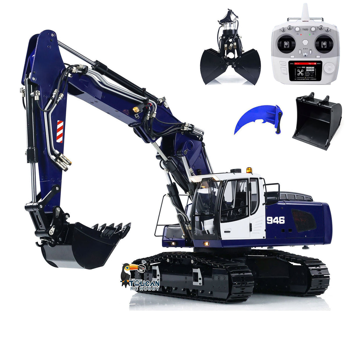 MTM 946-3 Metal 1/14 Excavator All-Metal Hydraulic Tracked Model with T12D Transmitter and Hydraulic Clamshell Attachment plus Large and Small Buckets Red White Finished