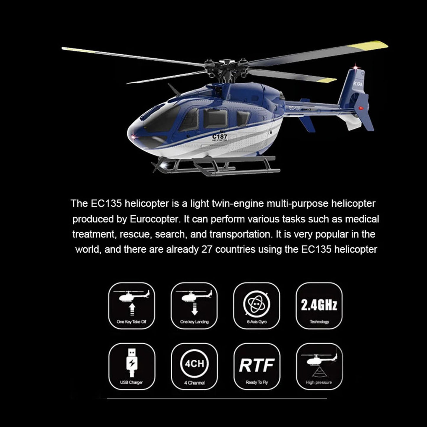RC ERA Ferngesteuerter Hubschrauber C187 Gyroskop Stabilisierung Höhenhaltung Ladegerät Modellflugzeug EC135 Geeignet für Anfänger
