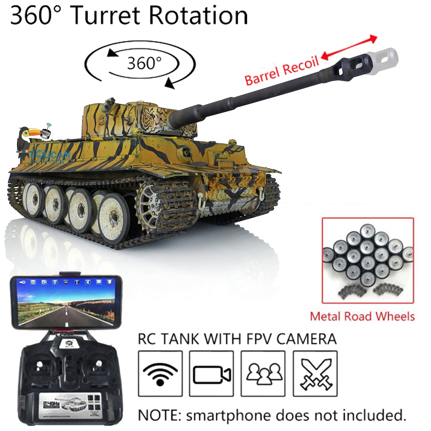 Henglong 1/16 TK7.0 3818 Tiger I RTR RC Tank FPV 360 Degrees Turret Barrel Recoil Smoke Metal Tracks Sprockets Idlers Road Wheels Hand Spray Painting Color