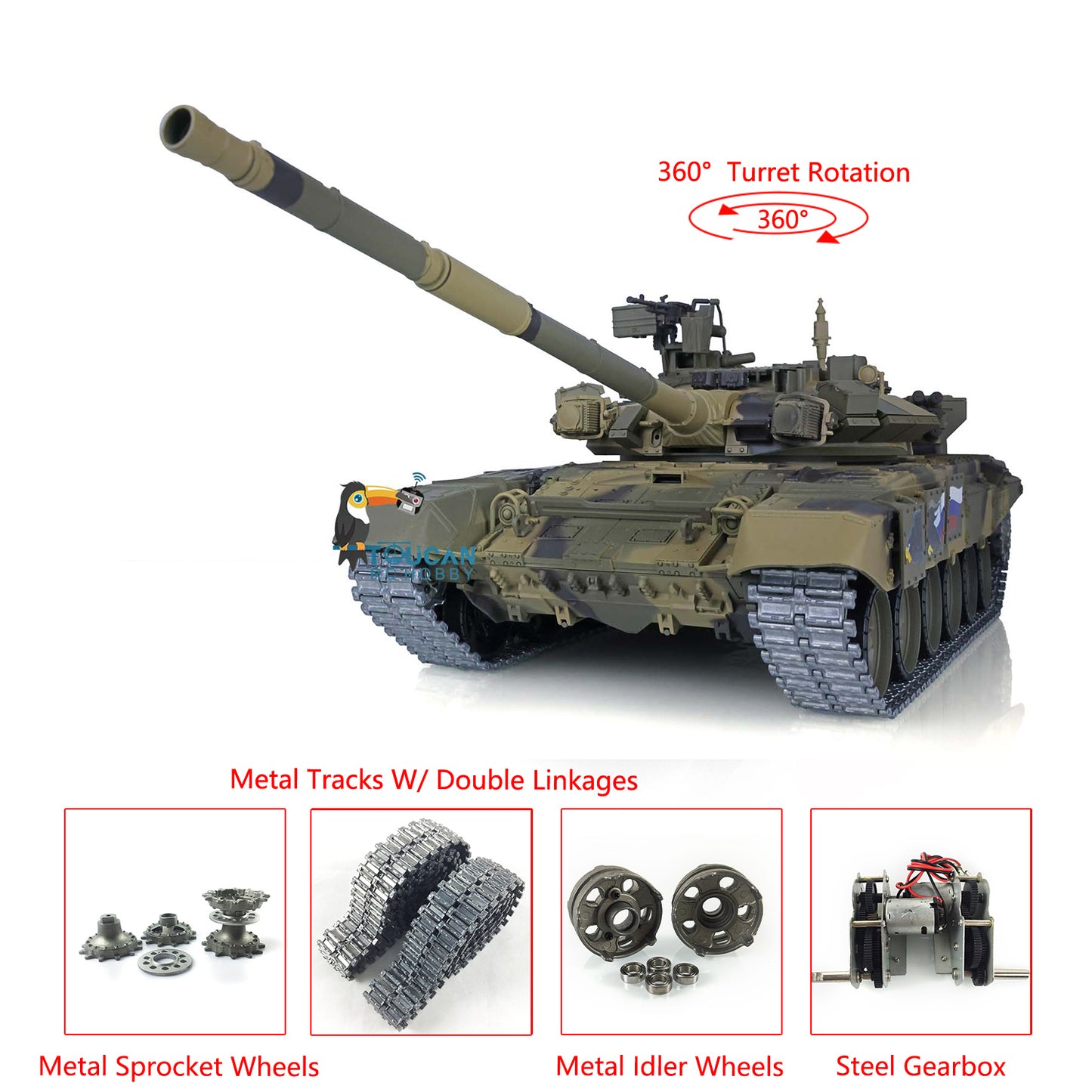 Henglong 1/16 Maßstab TK7.0 Russischer T90 Ferngesteuerter Ready To Run Tank 3938 W/ 360 Turm Metallketten Kettenräder Leiträder