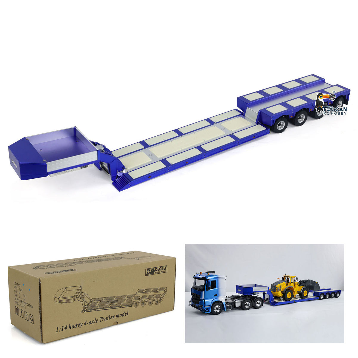 128 cm 1/14 4 Achsen RC Schwerlastanhänger DG-999 CNC Schwanenhalsanhänger für Sattelzugmaschine Zusammengebaut und lackiert MIT Lichtsystem