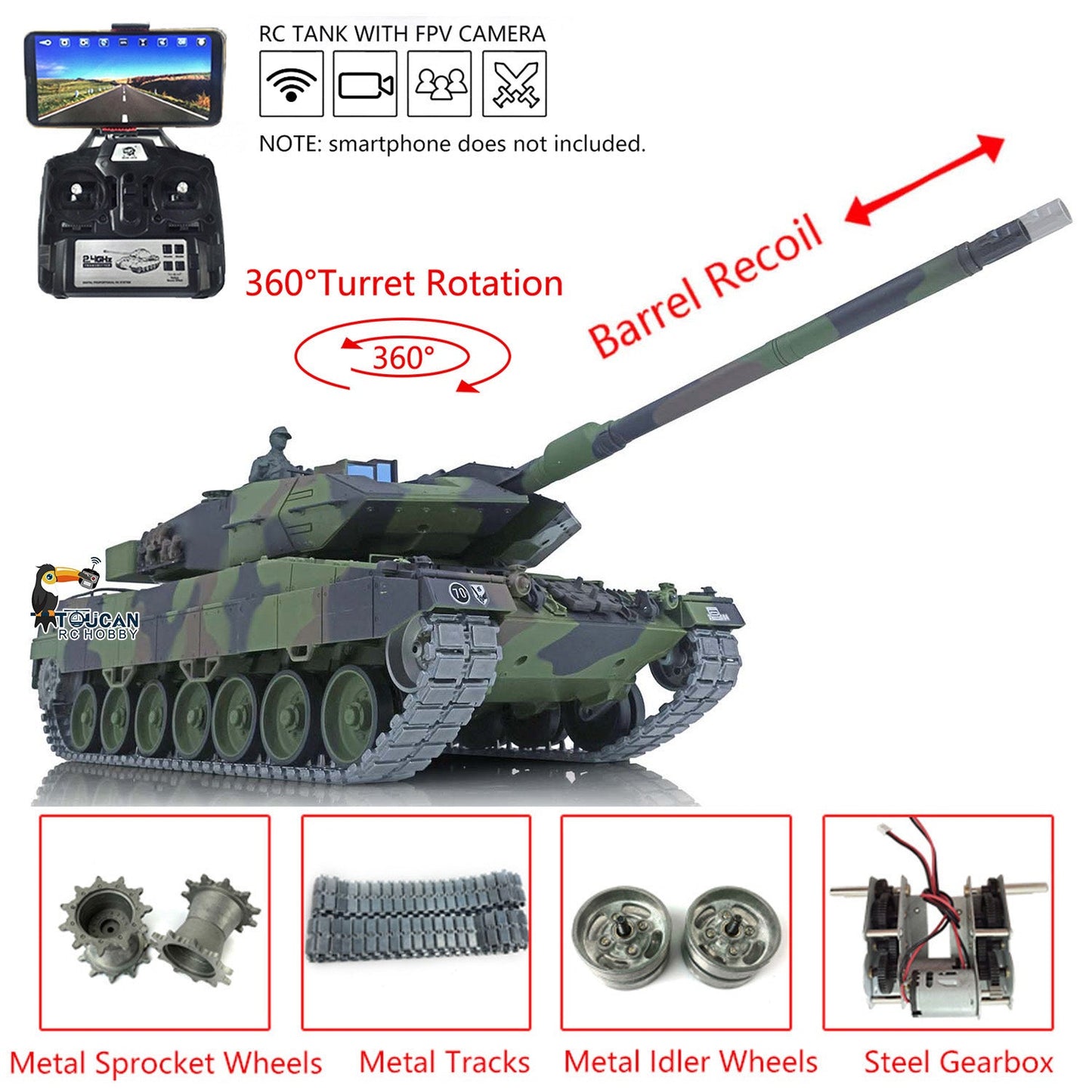 Henglong 1/16 TK7.0 Promotion German Leopard2A6 RTR RC Tank 3889 with 360 Degrees Turret Barrel Recoil Smoke BB IR Metal Tracks Sprockets Idlers Wheels Gearbox
