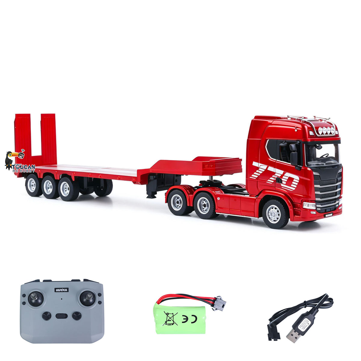 TOUCAN RC HOBBY HUINA RTR 1/24 Remote Control Tractor Truck 770S W/ Light Sound System Manual Support Legs Tail Board 3Axle Semi Flatbed Trailer