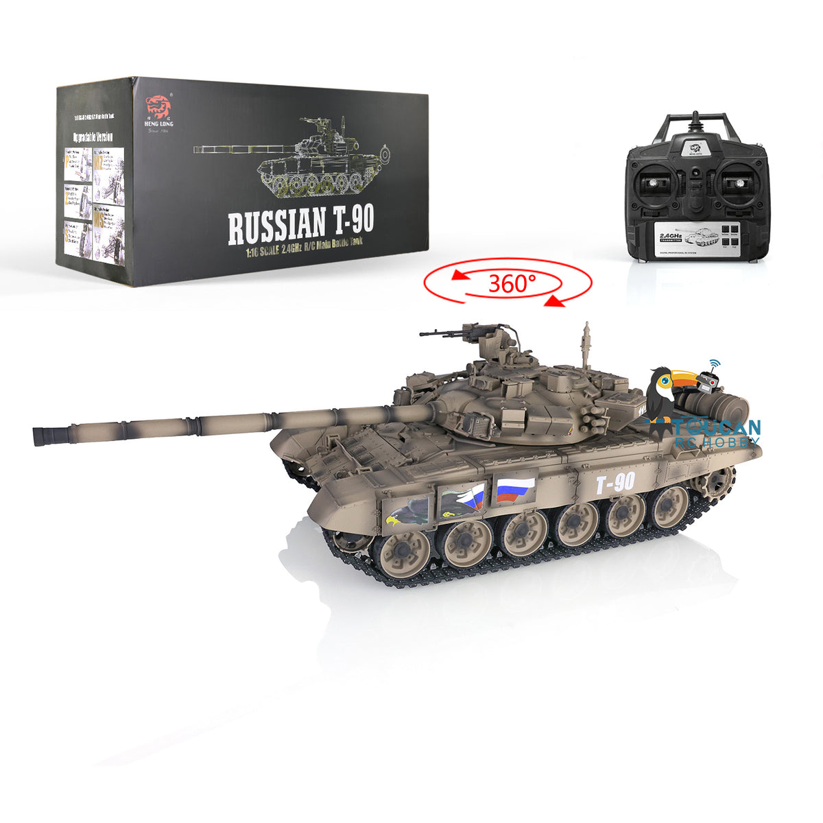 TOUCAN RC HOBBY Henglong 1/16 TK7.0 Promotion Russia T90 RTR RC Tank 3938 with 360 Degrees Turret Red Eyes BB IR Smoke Metal Idlers Sprockets Wheels