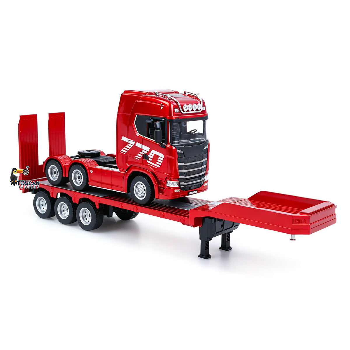 TOUCAN RC HOBBY HUINA RTR 1/24 Remote Control Tractor Truck 770S W/ Light Sound System Manual Support Legs Tail Board 3Axle Semi Flatbed Trailer
