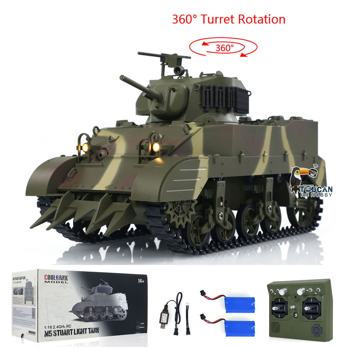 1/16 RC RTR-Panzer US M5A1 Stuart VI, ferngesteuerter leichter Panzer mit 360 Grad drehbarem Funkgerät mit zwei Batterien