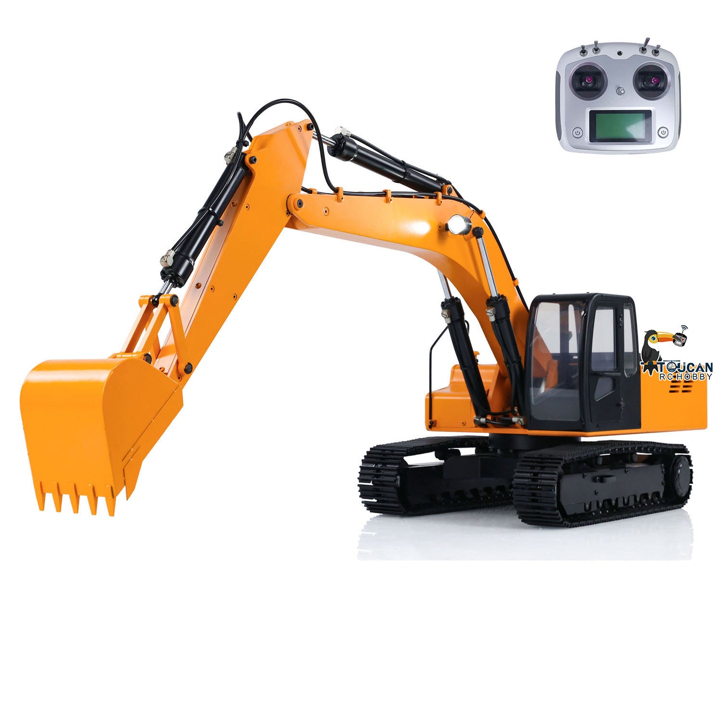 JDMODEL 1/12 RC-Hydraulikbagger, lackiert, montiert, Fernbedienung, Baufahrzeug, Pumpe, Ketten, Licht, Radio 
