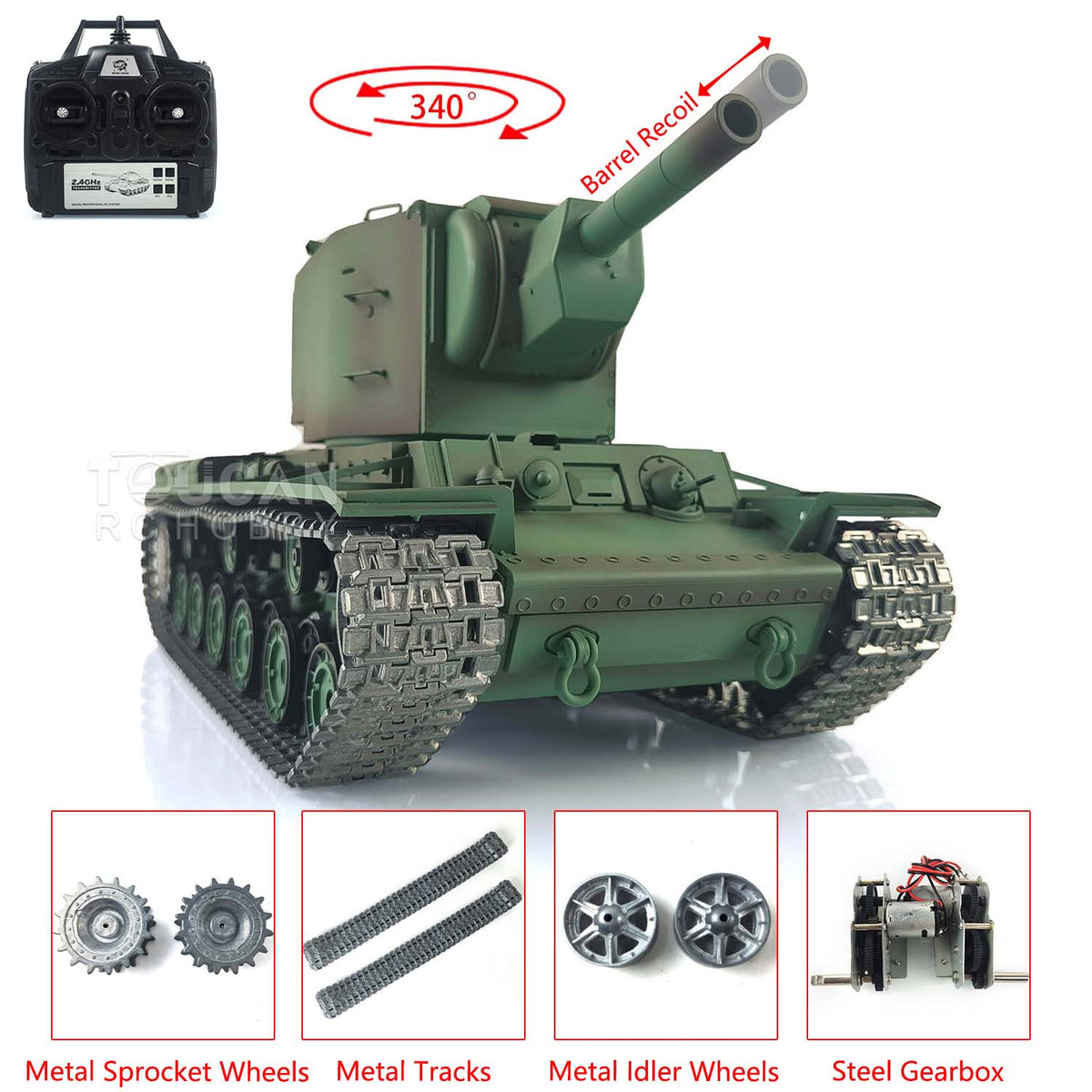 Henglong 1/16 TK7.0 Promotion Soviet KV-2 RTR RC Tank 3949 with Barrel Recoil BB IR Smoke Effect Metal Tracks Sprockets Idlers Wheels