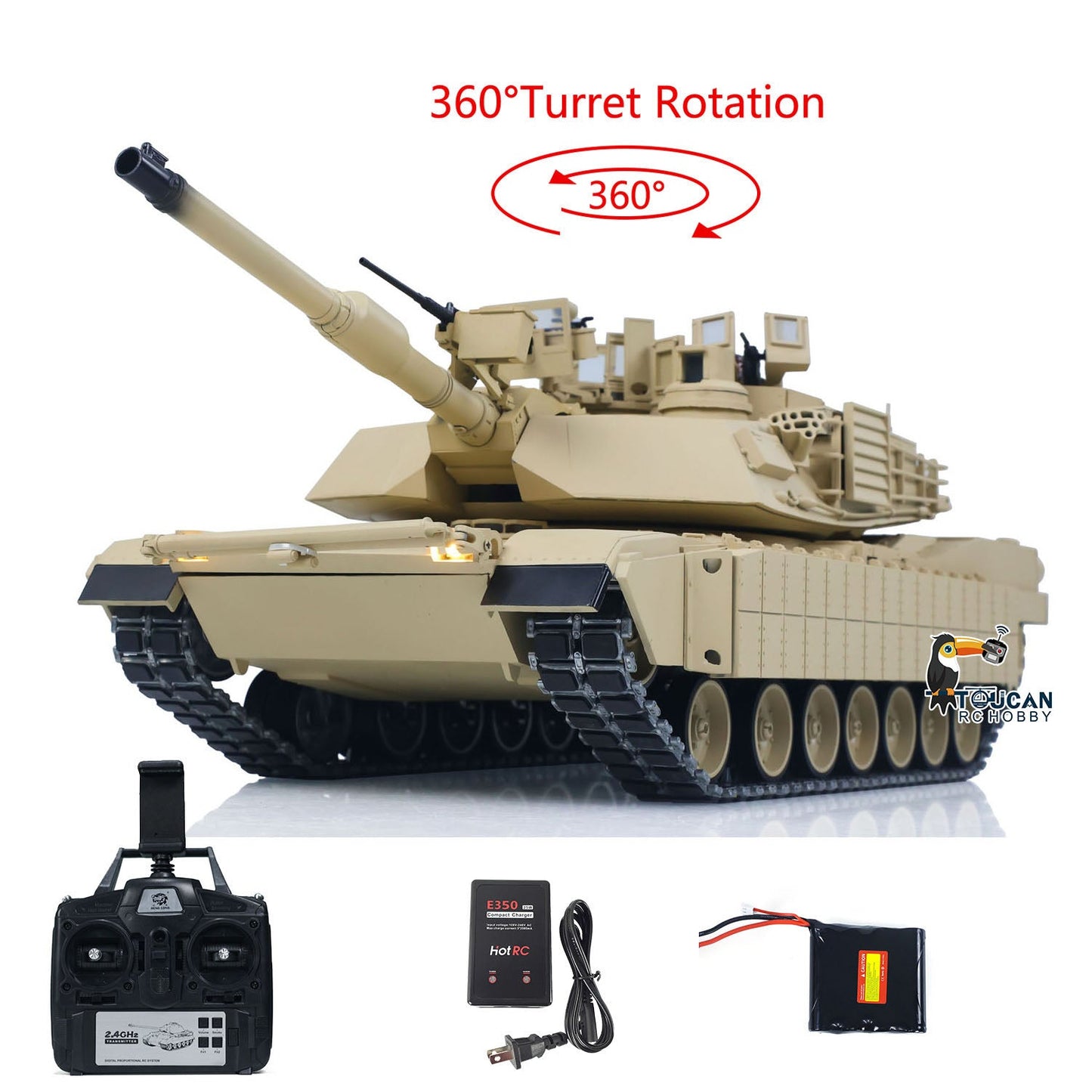 TOUCAN 1/16 Metal RC Tank M1A2 Abrams IR Dual Current Driving Gearbox Barrel Recoil Elevation 360 Turret Rotation Smoke RTR Electric Periscope