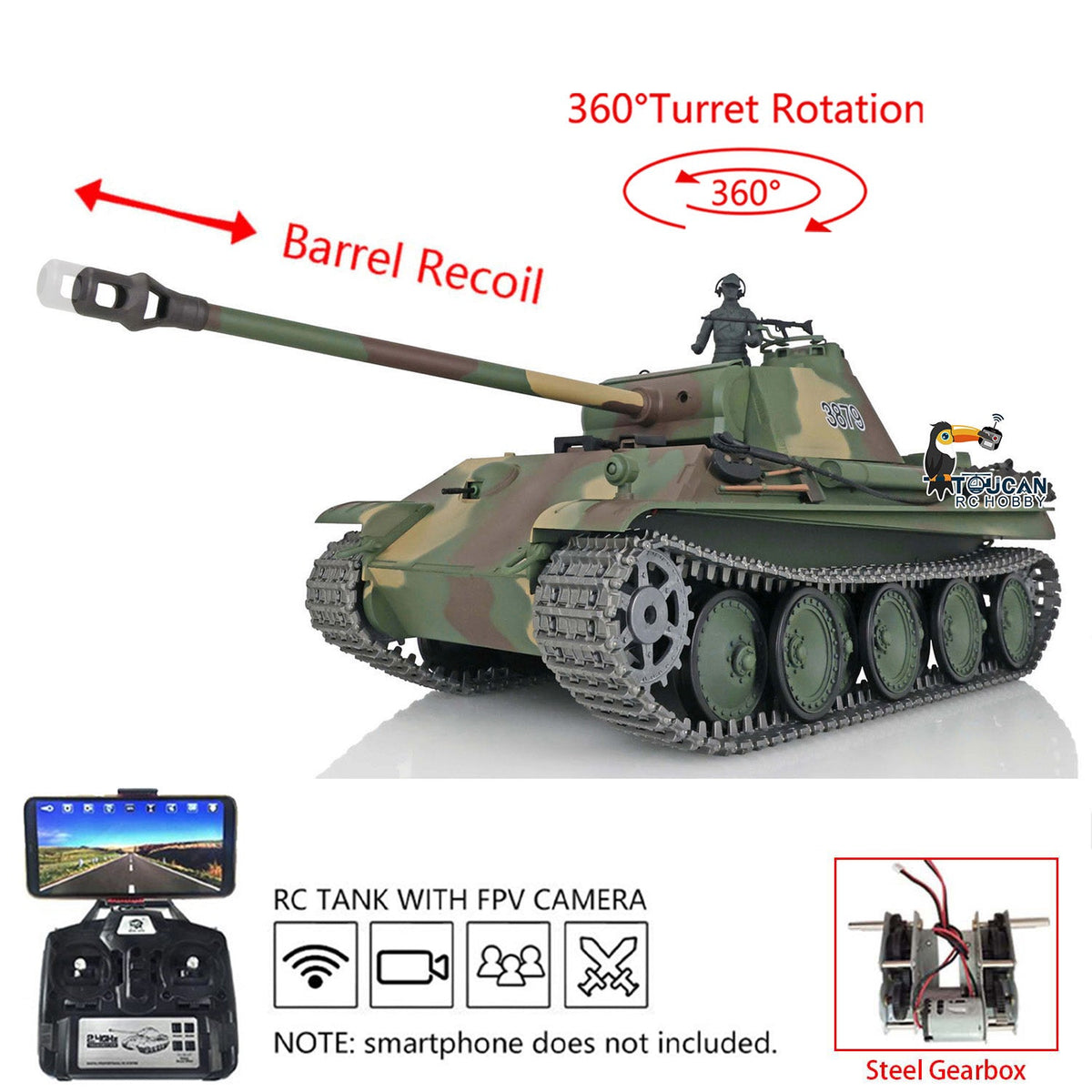 Henglong 1/16 TK7.0 Promotion German Panther G RTR RC Tank 3879 360 Degrees Turret BB IR Barrel Recoil Smoke FPV Metal Tracks Sprockets Wheels