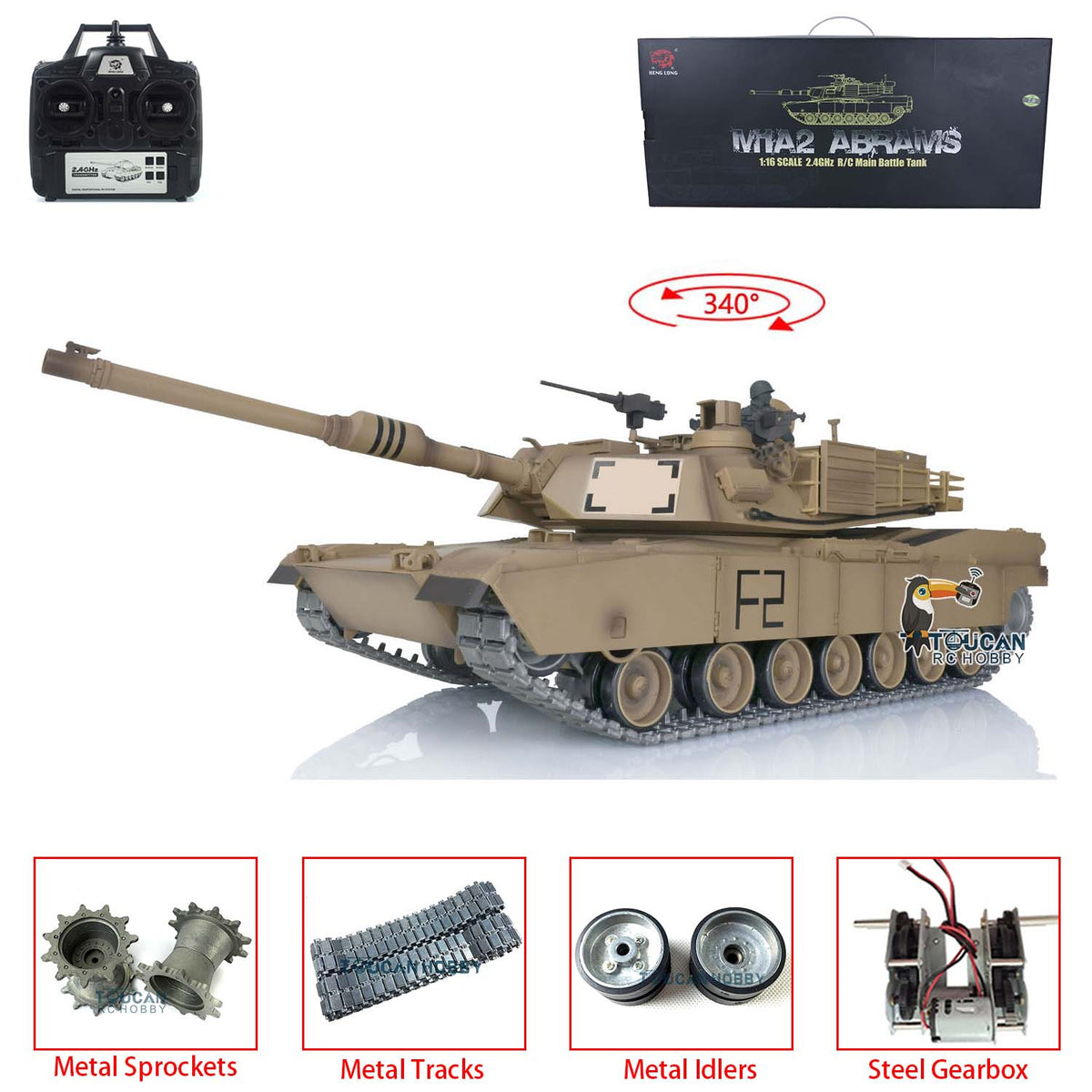 2,4 GHz Henglong 1/16 TK7.0 M1A2 Abrams fahrbereiter ferngesteuerter Panzer 3918 Metallketten Kettenräder Leiträder Rauchgeräusch
