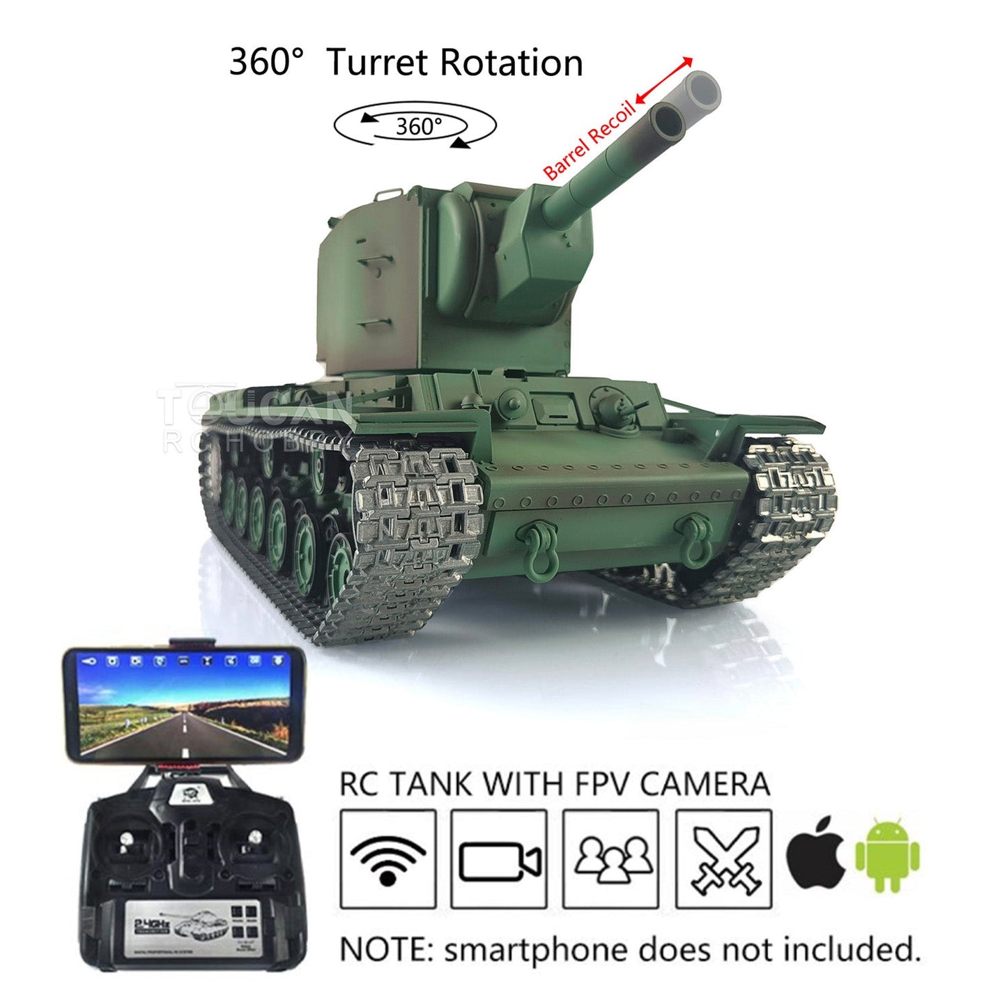 Henglong 1/16 TK7.0 Promotion Soviet KV-2 RTR RC Tank 3949 FPV Barrel Recoil 360 Degrees Turret Smoke IR BB Metal Tracks Sprockets Idlers Wheels Gearbox