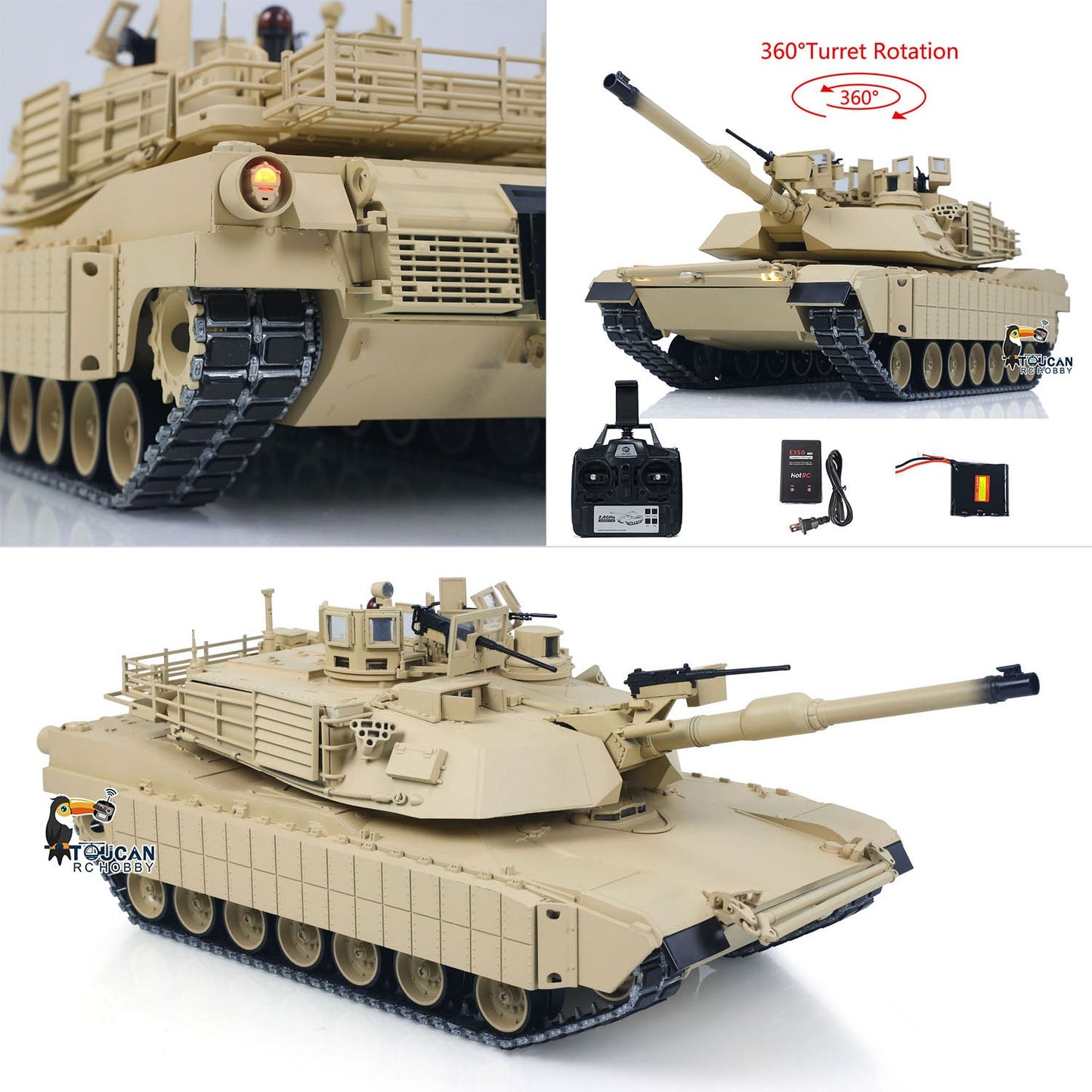 TOUCAN 1/16 Metal RC Tank M1A2 Abrams IR Dual Current Driving Gearbox Barrel Recoil Elevation 360 Turret Rotation Smoke RTR Electric Periscope