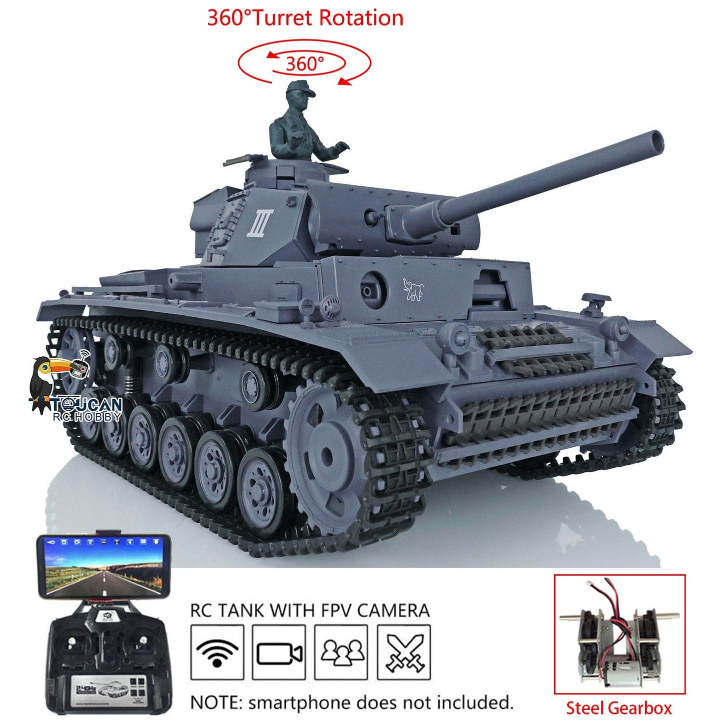Henglong 1/16 Plastic 7.0 3848 3849 Panzer III H L RC Tank FPV 360 Degree Turret Infrared System BB Smoke Steel Driving Gearbox Metal Barrel