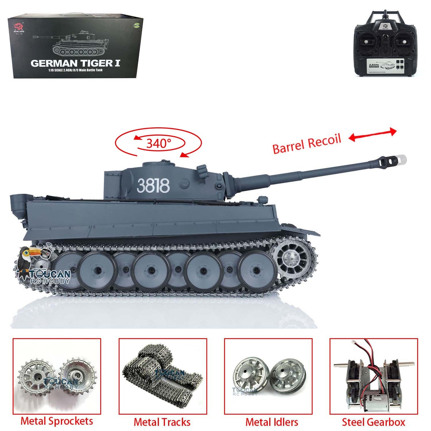 Henglong 1/16 TK7.0 Promotion German Tiger I 3818 RTR RC Tank Barrel Recoil BB IR Smoke Metal Tracks Sprockets Idlers Wheels