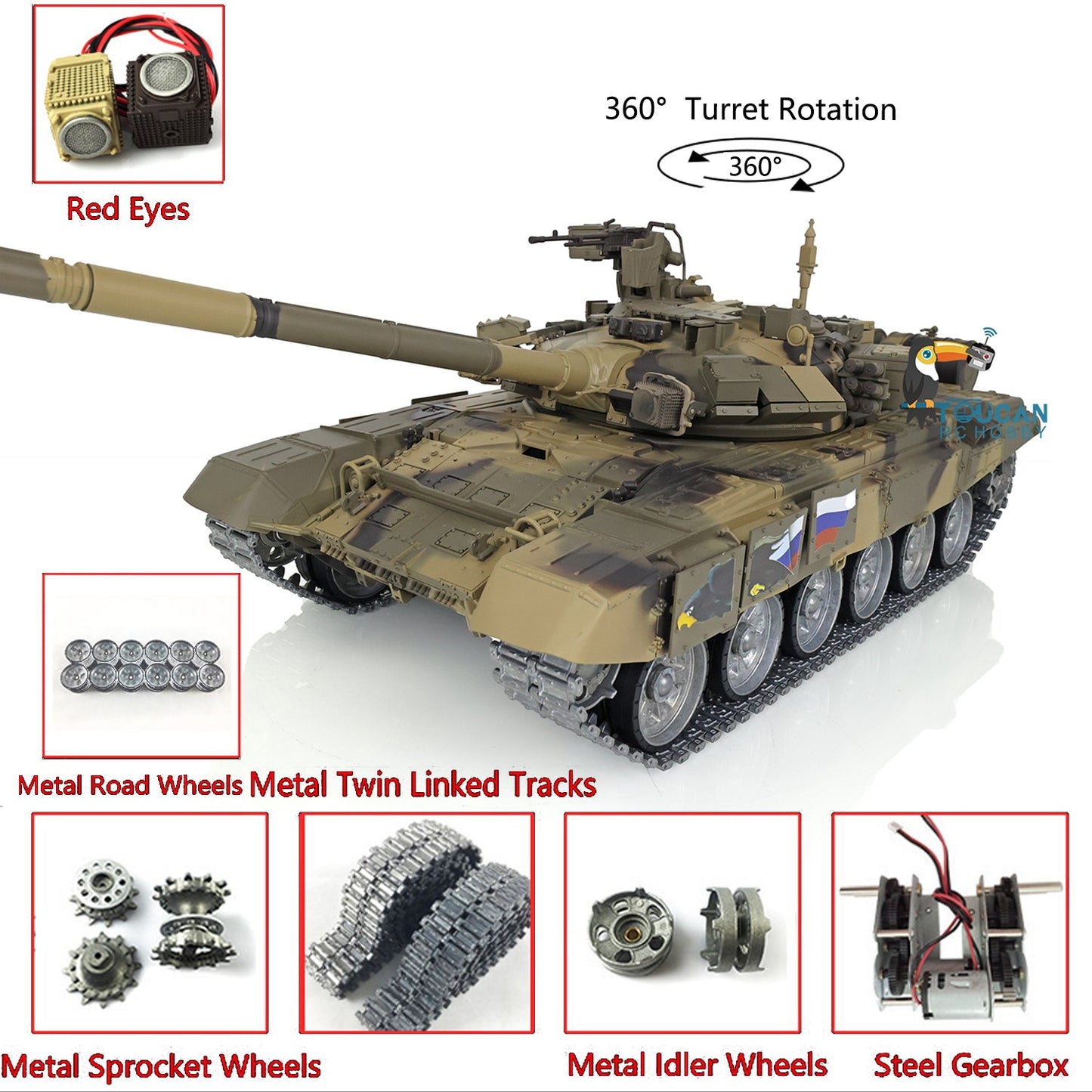 Henglong 1/16 TK7.0 Profession Russian T90 3938 RTR RC Tank 360 Degrees Turret Red Eyes Smoke BB IR Metal Track Sprockets Idlers Road Wheels