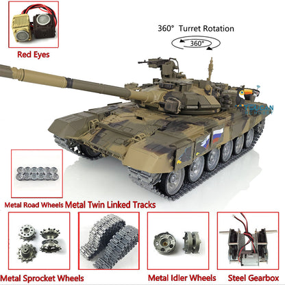 Henglong 1/16 TK7.0 Profession Russian T90 3938 RTR RC Tank 360 Degrees Turret Red Eyes Smoke BB IR Metal Track Sprockets Idlers Road Wheels