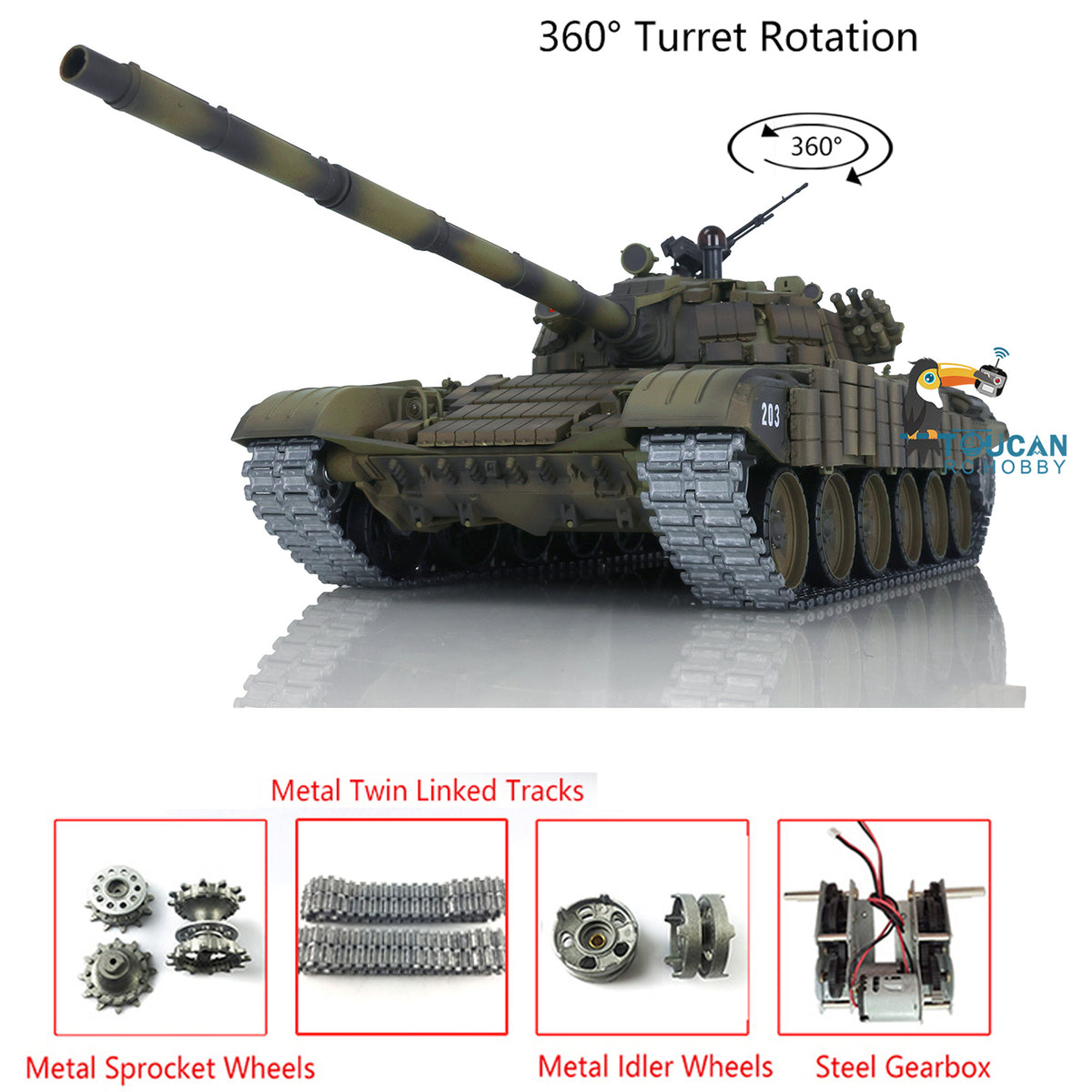 1:16 TK7.0 Verbesserter funkgesteuerter Henglong-Panzer T72, fahrbereit, 360°-Drehung, Metallketten mit gepaarten Gestängen, Rauchgeräusch