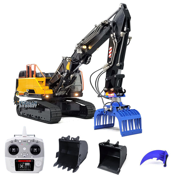 1/14 EC380 10CH Tracked RC Hydraulic Excavator 3 Arms Digger Assembled Model with Hydraulic Grab Blue Clamp Bucket Transmitter