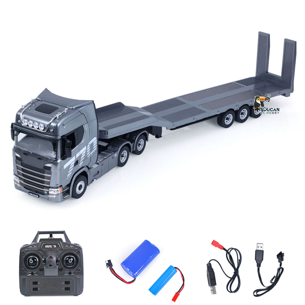 TOUCAN RC HOBBY 1/18 RC Tractor Truck Remote Control Truck 770S 3 Axle Plastic Semi Trailer Flatbed Finished Model RTR Battery Light Sound Effects