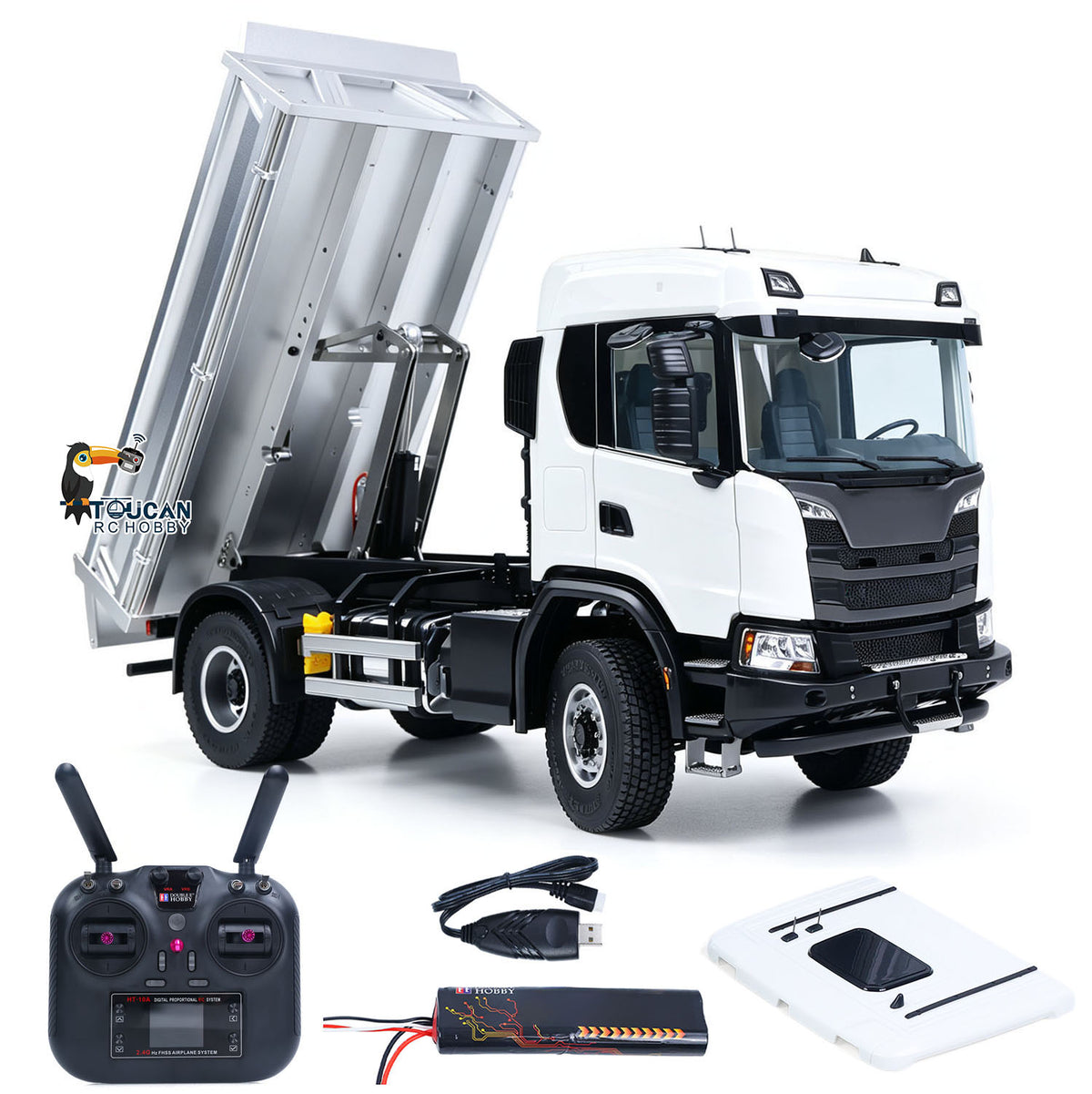 TOUCAN RC HOBBY Double E 1/14 4x4 Electric Lifting RC Dump Truck 500G E022 2Speed RTR Tipper Metal Axle Magnetic High Roof Battery Radio Light