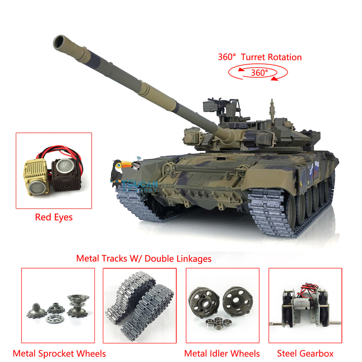 TOUCAN RC HOBBY Henglong 1/16 TK7.0 Promotion Russia T90 RTR RC Tank 3938 with 360 Degrees Turret Red Eyes BB IR Smoke Metal Idlers Sprockets Wheels
