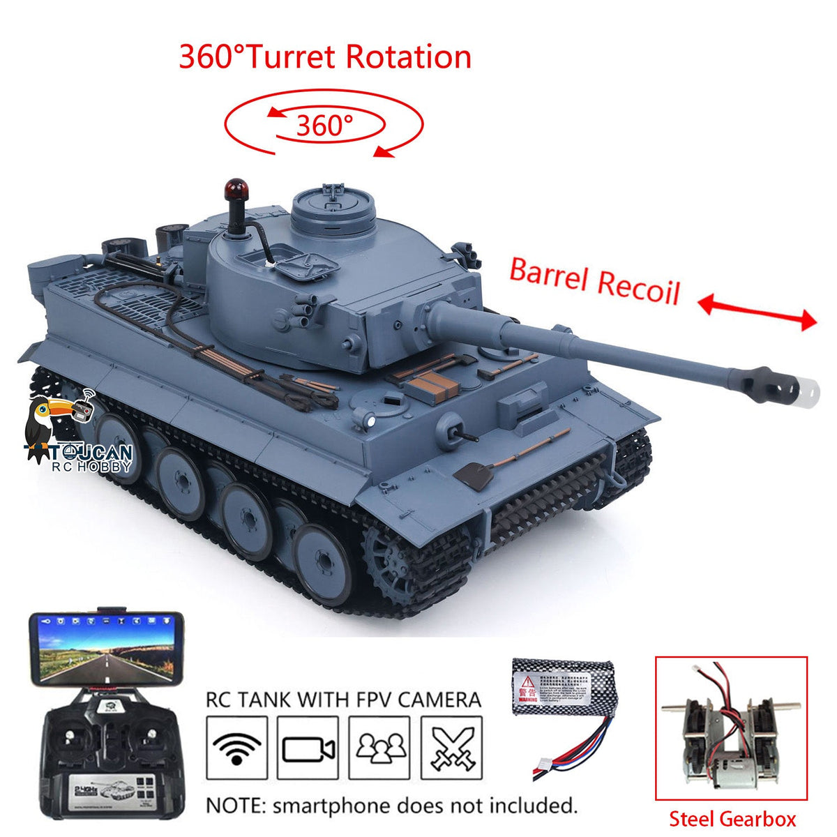 Henglong 1/16 TK7.0 Plastic German Tiger I RTR RC Tank 3818 FPV BB IR 360 Degrees Turret Metal Barrel Recoil Steel Gearbox Smoke Manual Spray Collection Model