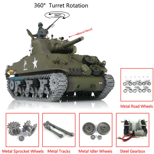 Henglong 1/16 TK7.0 Customized 3898 USA M4A3 Sherman RTR RC Tank Barrel Recoil 360 Degrees Turret Infrared Combat Smoke BB Metal Tracks Road Idler Drive Wheels