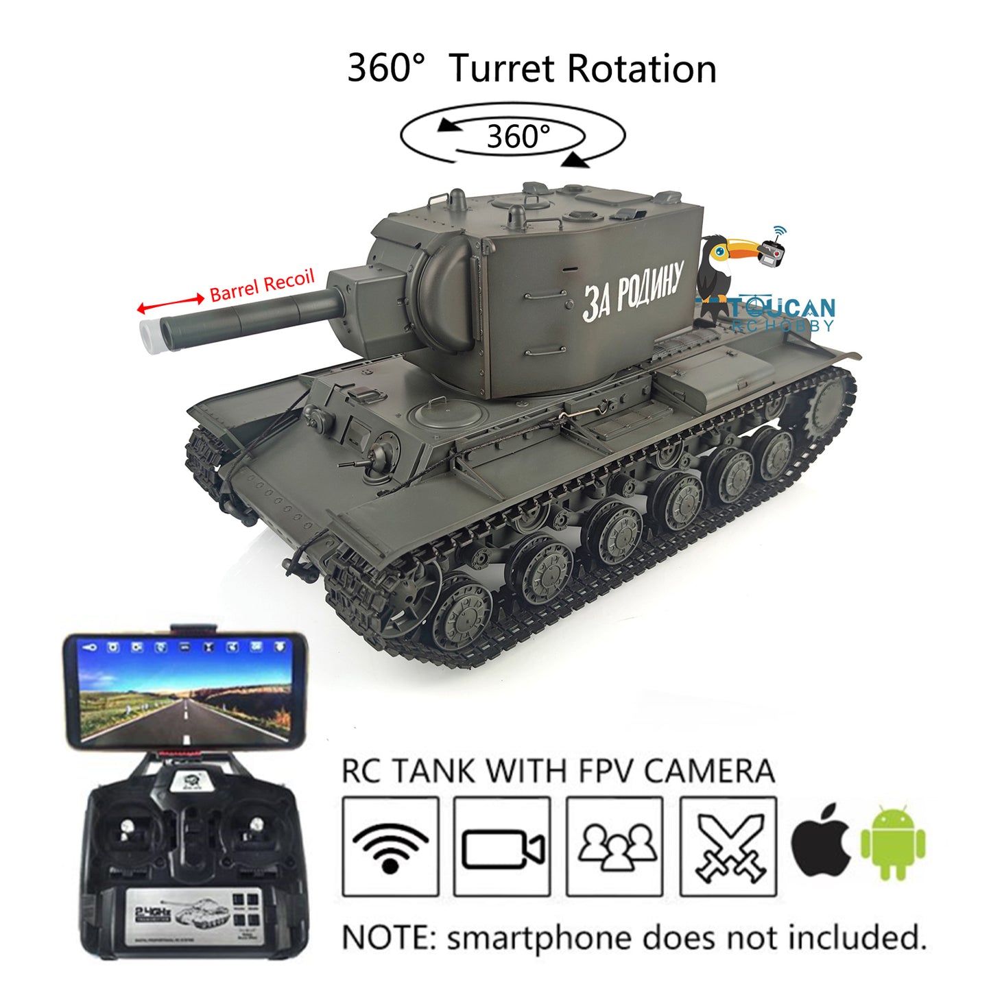 Verbesserter Henglong 1/16 TK7.0 Sowjetischer KV-2 Gigant, fahrbereit, ferngesteuerter Panzer, 3949, 360-Grad-Turm, FPV-Sound, Rauch, Metallketten