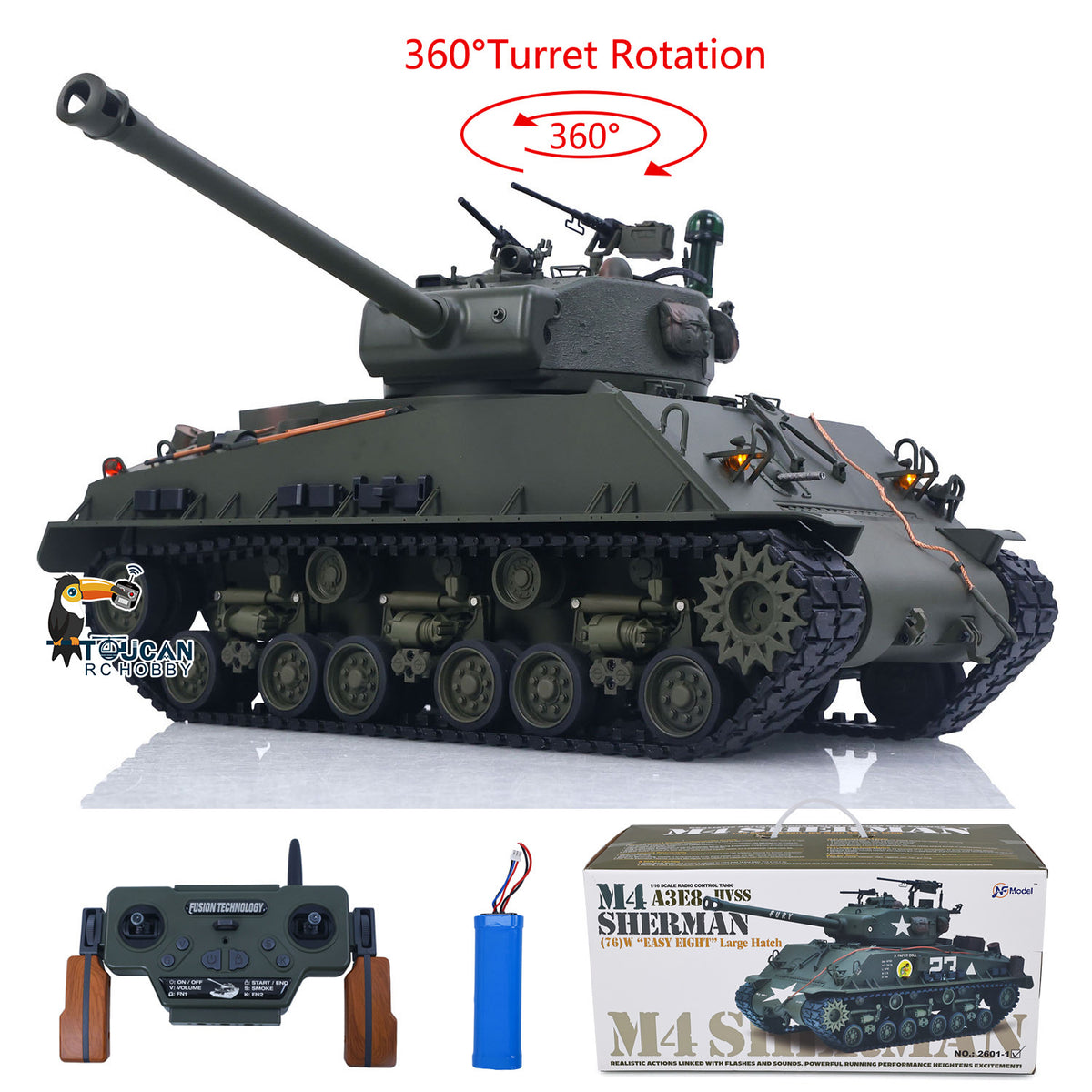 TOUCAN RC HOBBY Fast Free Shipping 1/16 Remote Control Tank Sherman M4A3 E8 Fury Barrel IR BB Barrel Elevation Smoke Unit Metal Chassis Road Wheels 360 Rotation
