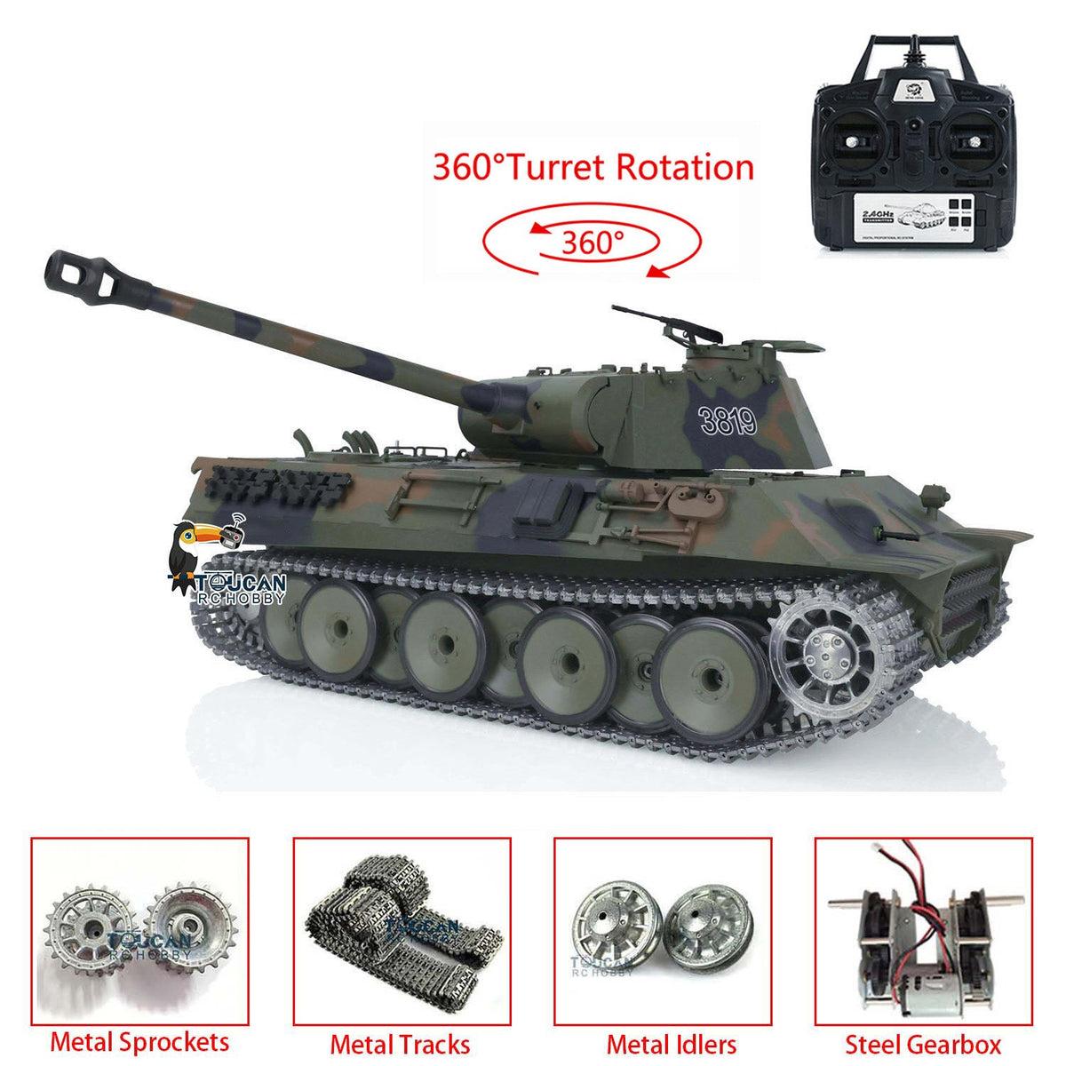 Henglong 1/16 TK7.0 Promotion 3819 German Panther V RTR RC Tank IR BB 360 Degrees Turret Smoke Metal Tracks Sprockets Idlers Wheels Gearbox