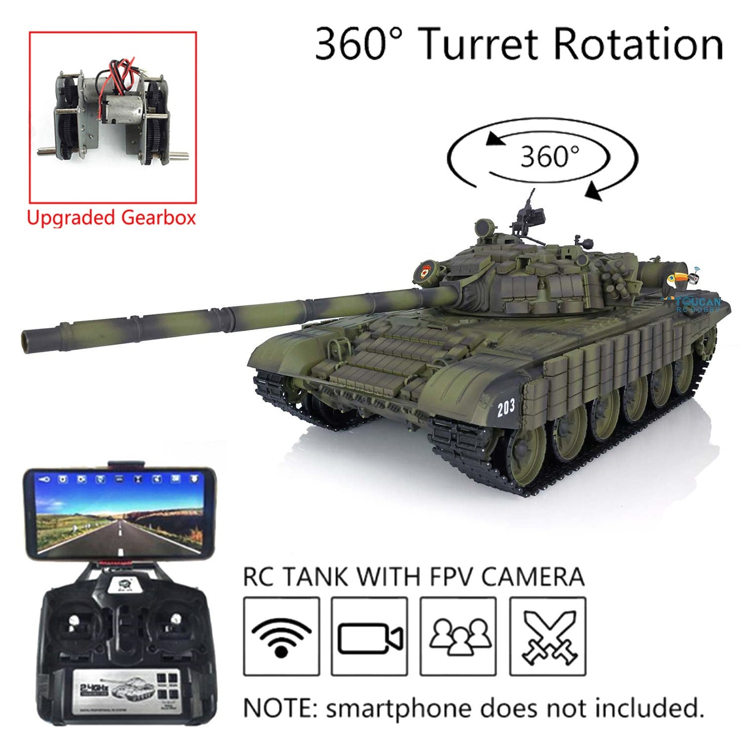Heng Long 1/16 TK7.0 Plastic Soviet T72 RTR RC Tank 3939 with Steel Gearbox Armor 360 Degree Turret BB Infrared Combat Smoke
