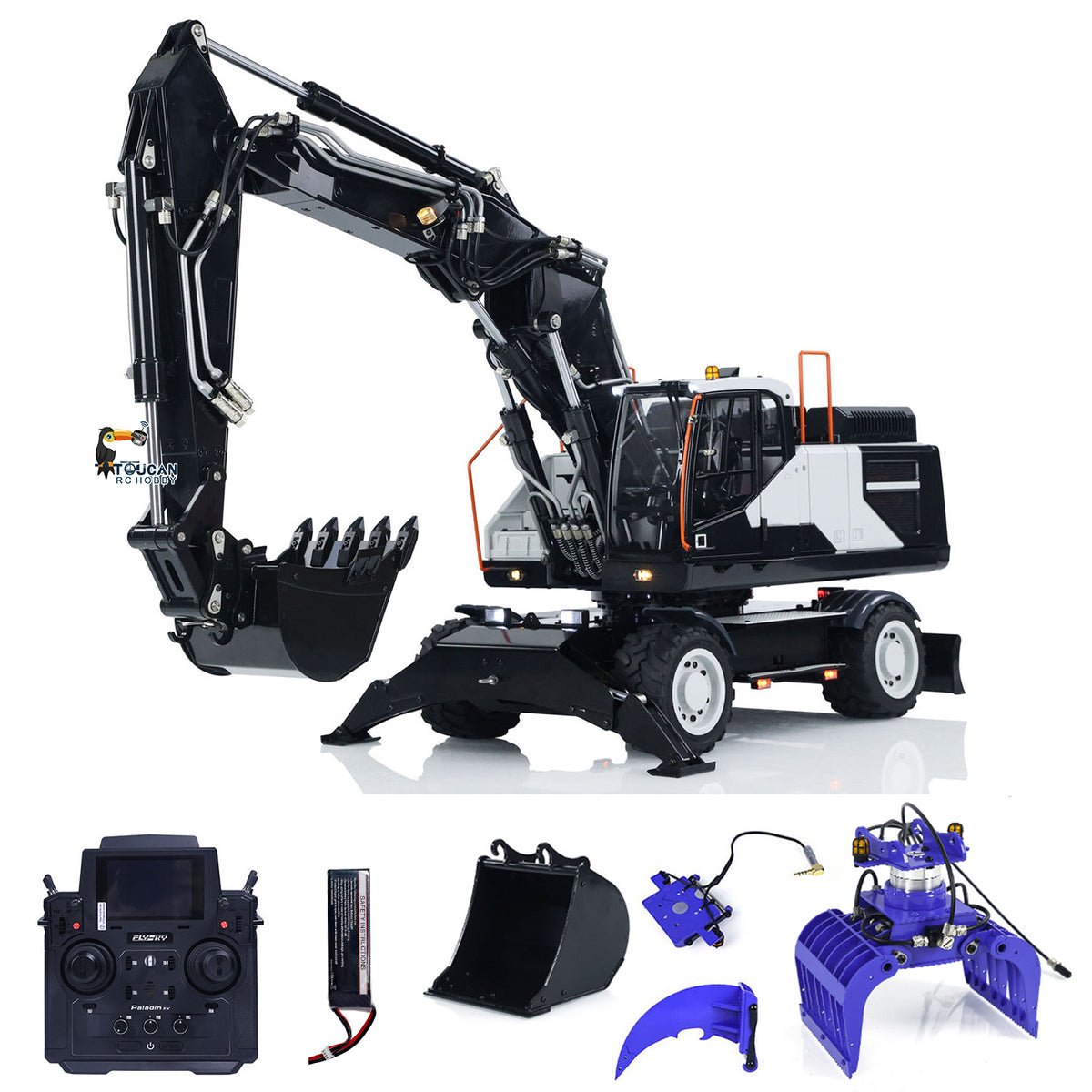 EC380 1/14 RC Hydraulikbagger Rad-Baufahrzeug 3-Arm Fernbedienung Bagger Modell Greifer Kippbarer Zweischalengreifer